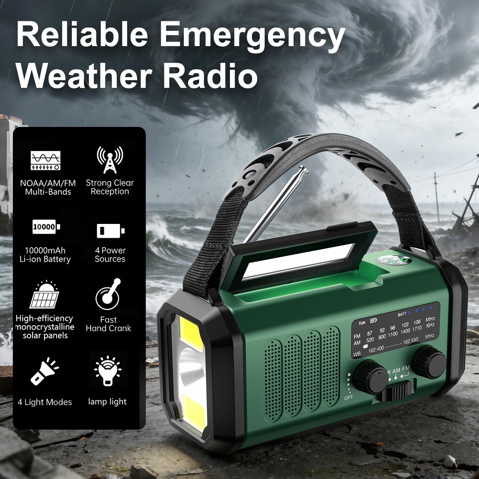 Leaton Notrufgerät mit Handkurbel, NOAA Wetterradio AM/FM, 10.000 mAh | Solar-Powerbank, wiederaufladbar, batteriebetrieben, USB-C-Ladegerät, Taschenlampe, SOS-Alarm, für Camping, Survival-Notfälle