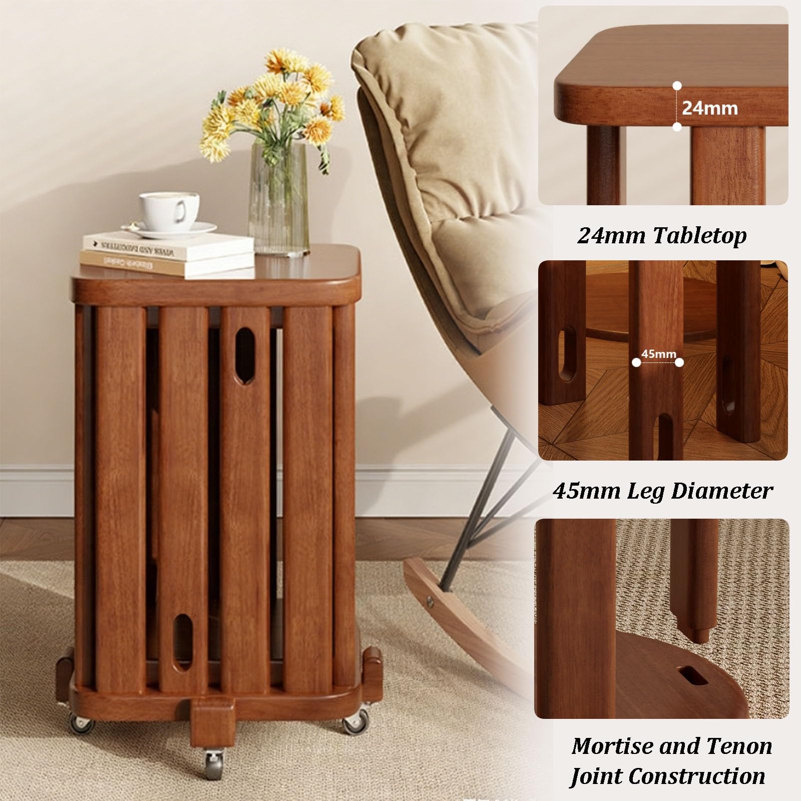 Set di 4 sgabelli impilabili in legno massello con ruote, design quadrato, lavorazione a mortasa e tenone, versatile comodino per camera da letto, cucina, ufficio