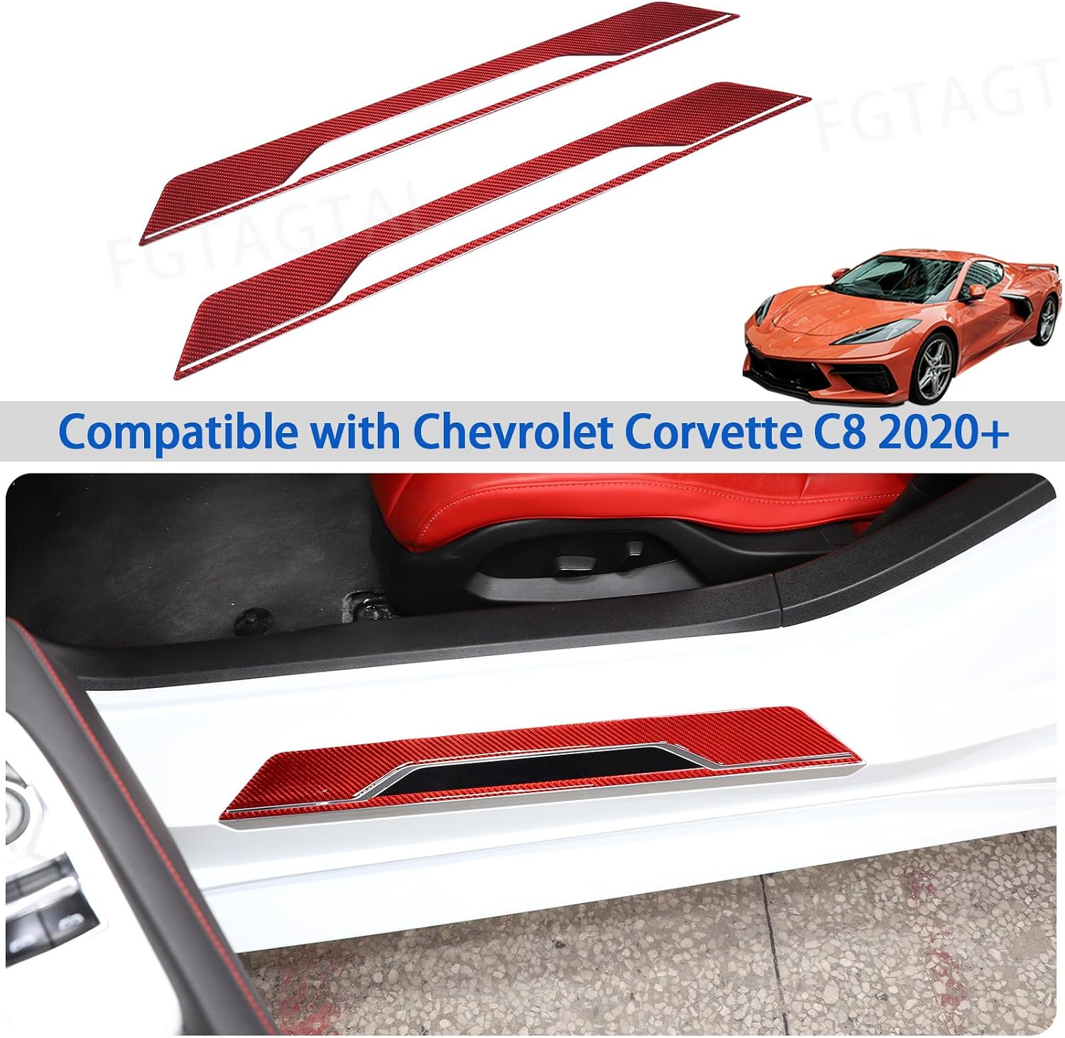 Soft Carbon Fiber Door Sill Guard Trim Compatible with Chevrolet Corvette C8 2020-2026, Threshold Strip Door Entry Guard Decorative Strip Accessories 2Pcs (Red)