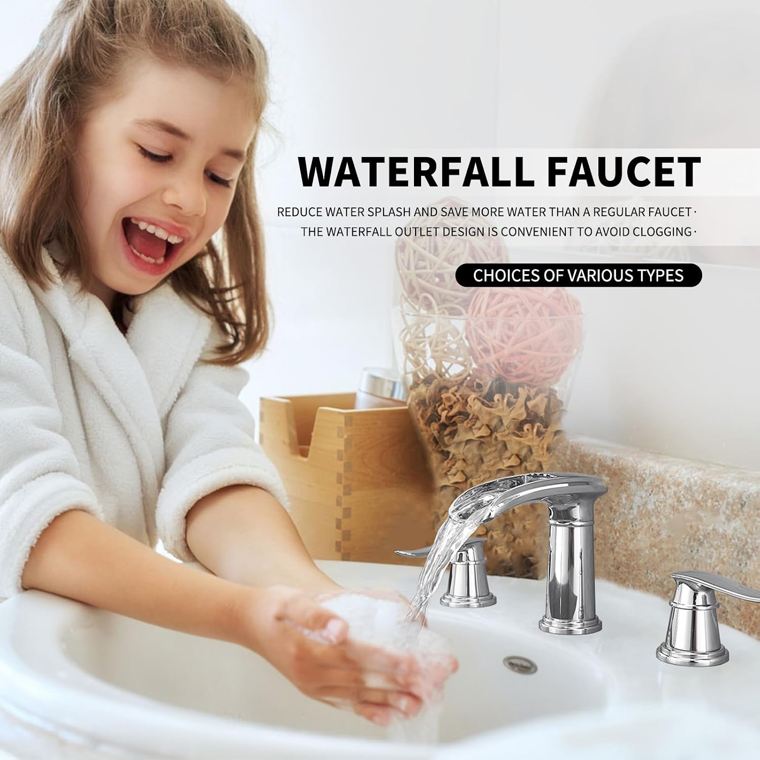Bathroom Faucet 3 Hole, Waterfall Bathroom Sink Faucet with 2 Handle, 8 Inch Widespread Faucet, Polished Chrome Finish