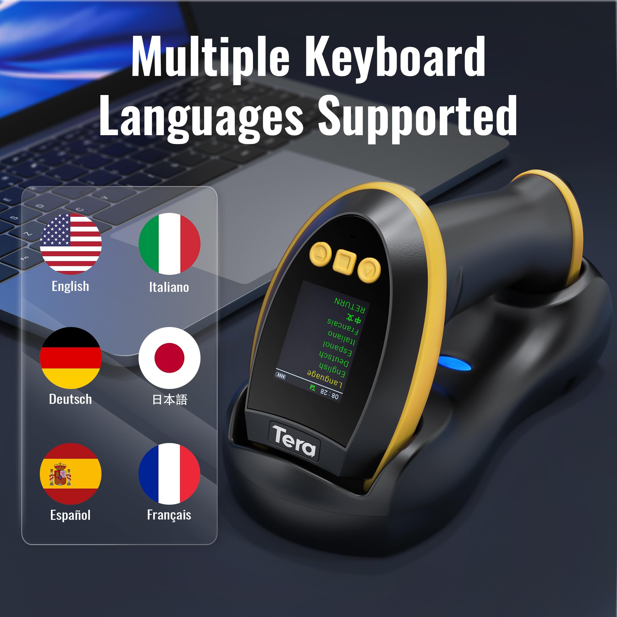 Tera Lecteur de codes-barres 2D sans fil : avec écran de réglage numérique et clavier, fonctionne avec Bluetooth et sans fil 2,4 G et USB filaire 1D 2D QR Lecteur de codes-barres portable avec support