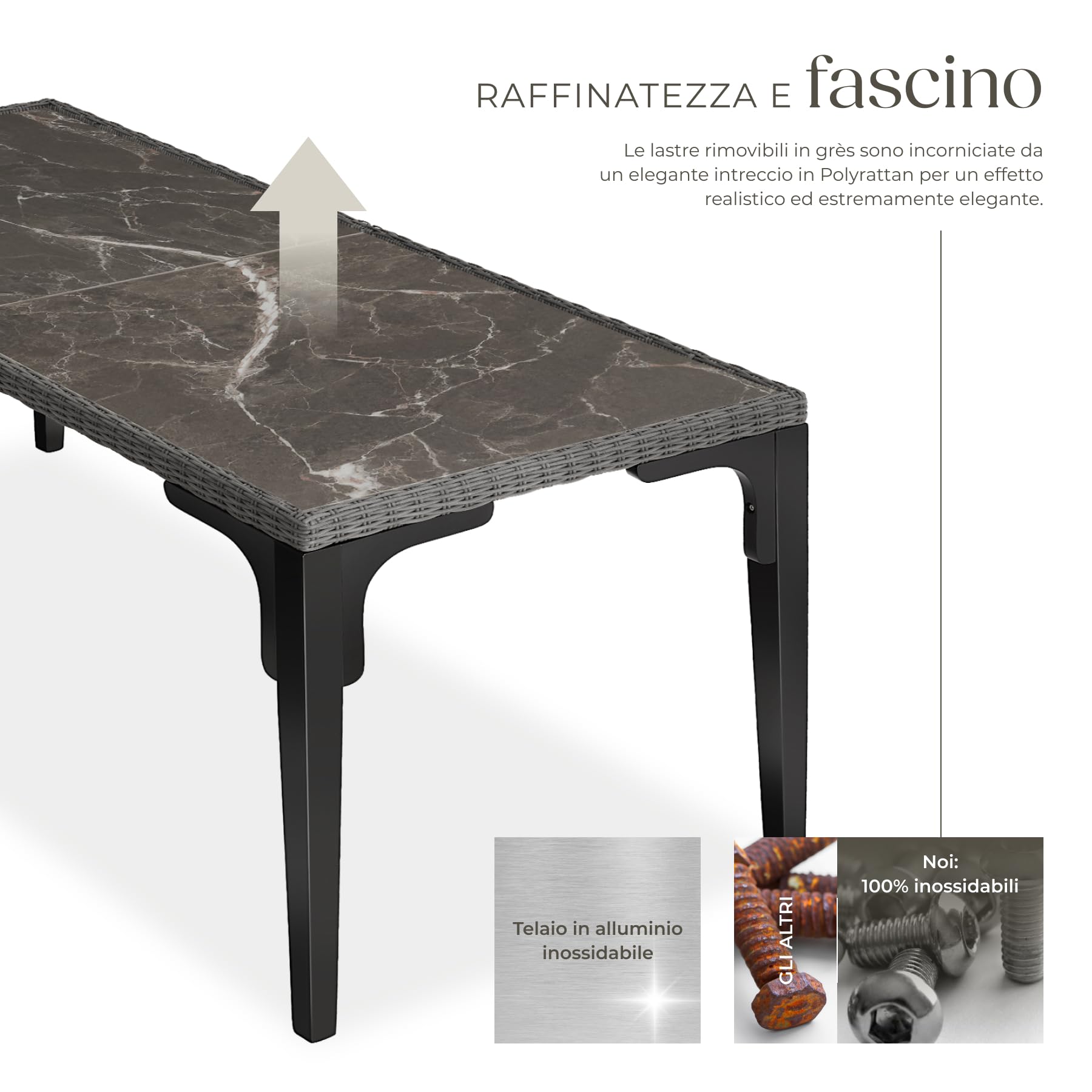 tectake® Tavolo da Esterno in Rattan, Tavolo da Giardino con Intreccio Pregiato, Tavolino Salotto con Telaio in Alluminio e Legno Massiccio, 2 Lastre in Gres Porcellanato - Grigio
