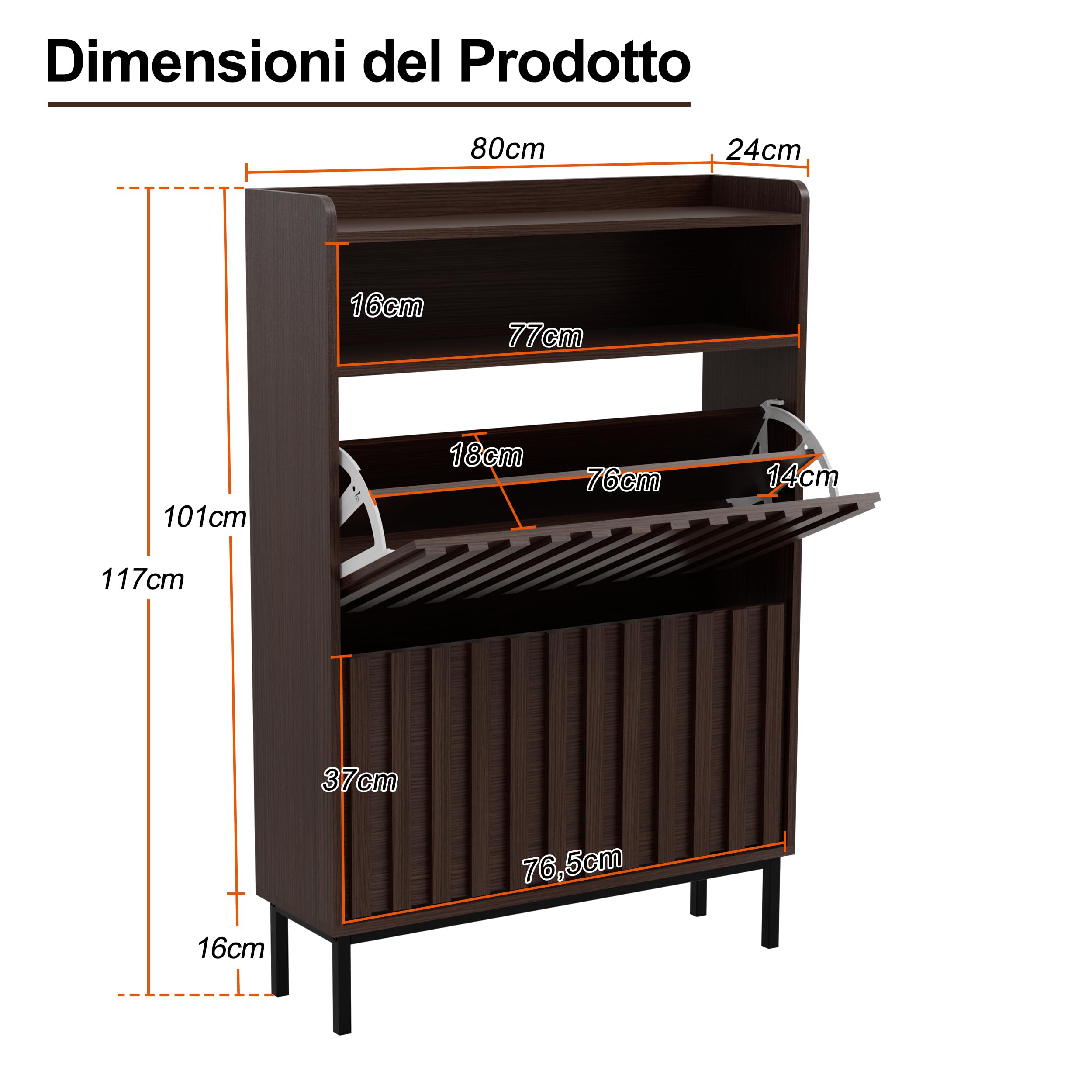 UEV Scarpiera Strette con 2 Ante, Scarpiera Ribaltabile per Ingresso, Mobiletto per Scarpe con Protezione Antiribaltamento, Ripiani Regolabili per Diversi Tipi di Scarpe, 80 x 24 x 117 cm, Noce