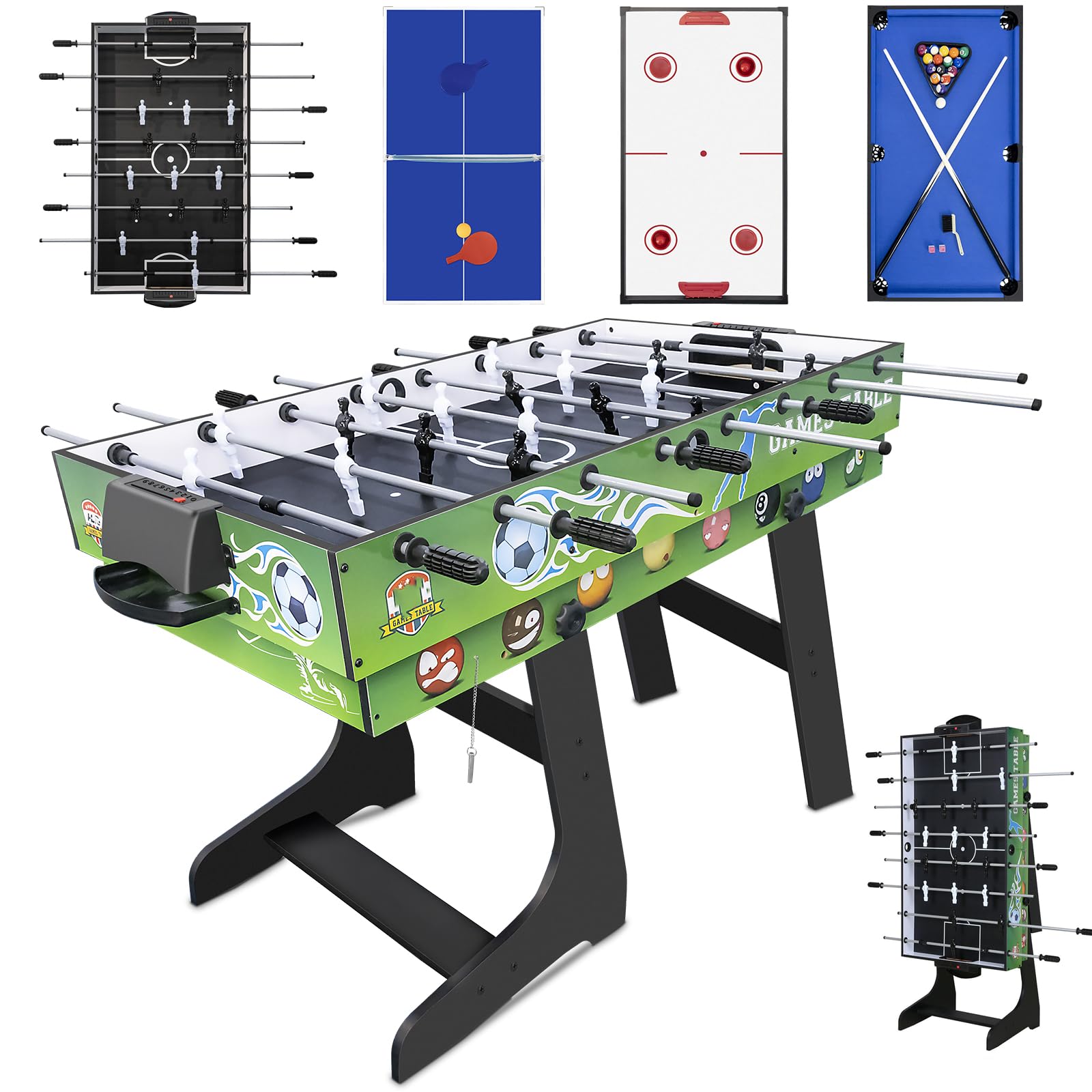 4 in 1 121cm Billard Tischfußball Air Hockey Tischtennis mit Zubehör | Multifunktionale Spieltische, Zusammenklappbarer Tisch, Plattenwechsel, robustes Holz, platzsparend, ideale Familie