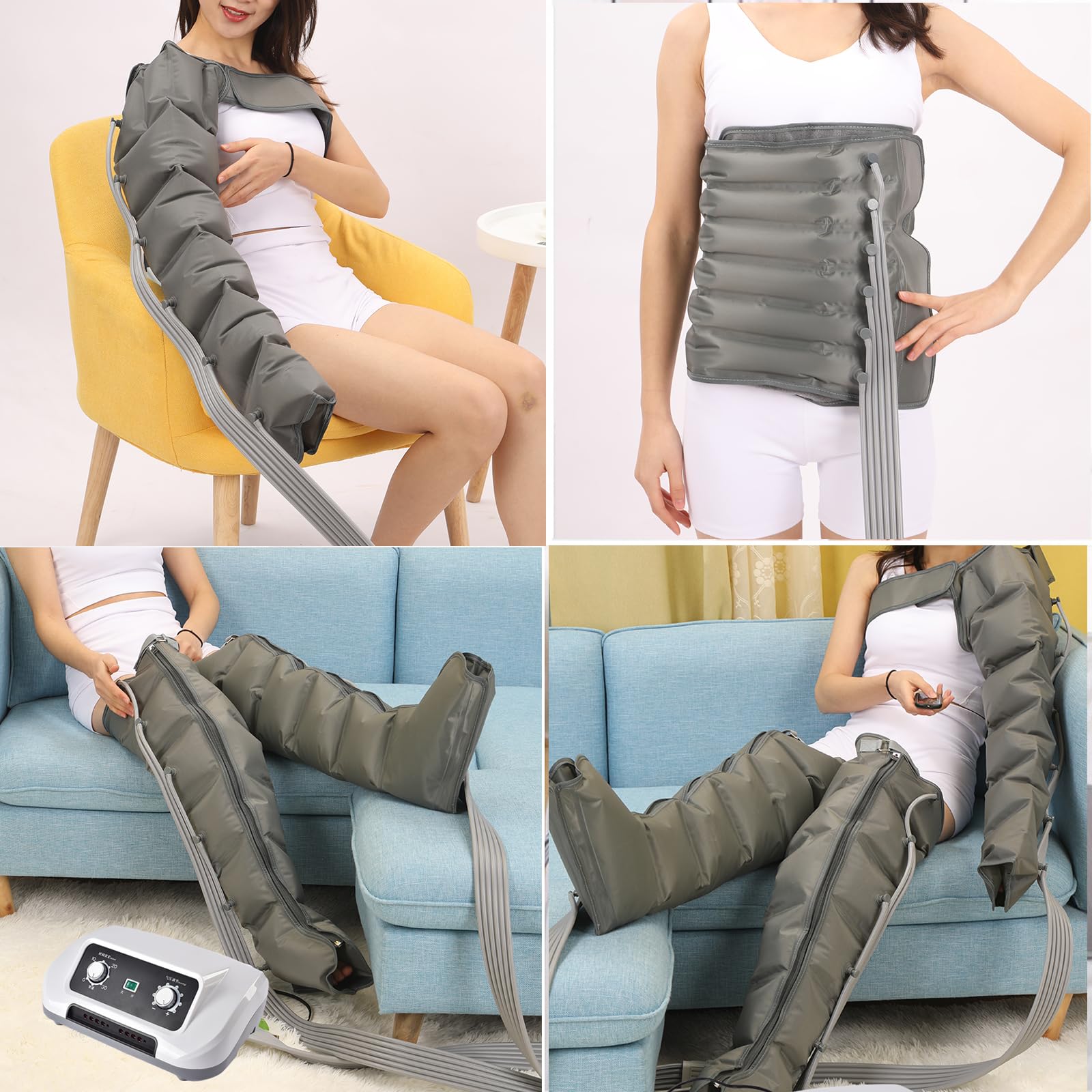 Pressoterapia gambe e addome, stivali da pressoterapia gambe, 6 camere macchina da massaggio Drenaggio linfatico circolazione, 0-30 min, 0-240 Mhg regolabili (grigio, 2 gambe + addome)
