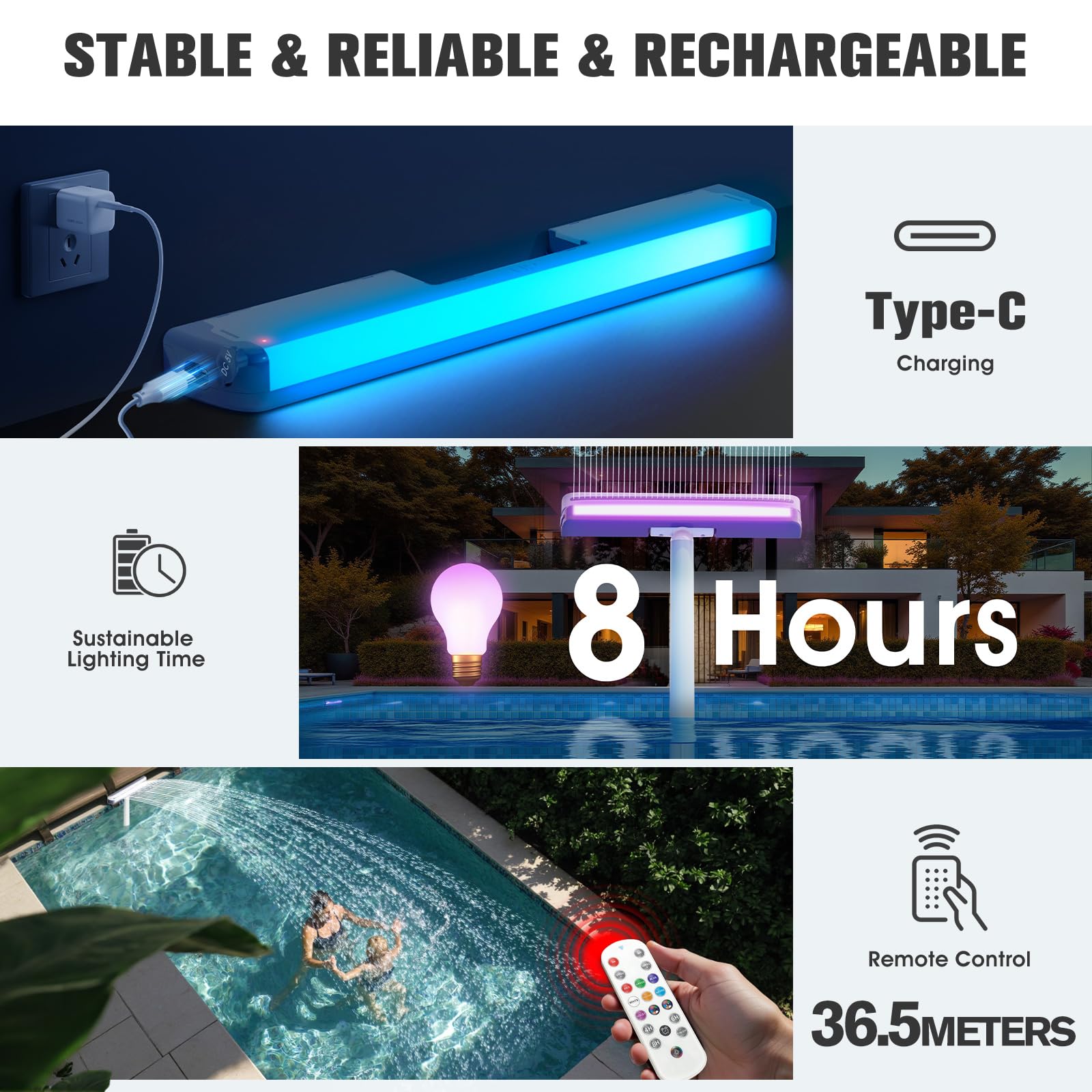 KingSom Pool Wasserfall mit LED, Wiederaufladbarer Springbrunnen mit Fernbedienung, Pool Fontäne Violett