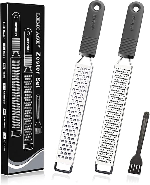 LEMCASE Lemon Zester and Cheese Grater - Citrus, Parmesan, Chocolate, Nutmeg, Garlic, Ginger - Silicone Handle and Stainless Steel Blades with Protective Cover | Grey (2 Piece Set)