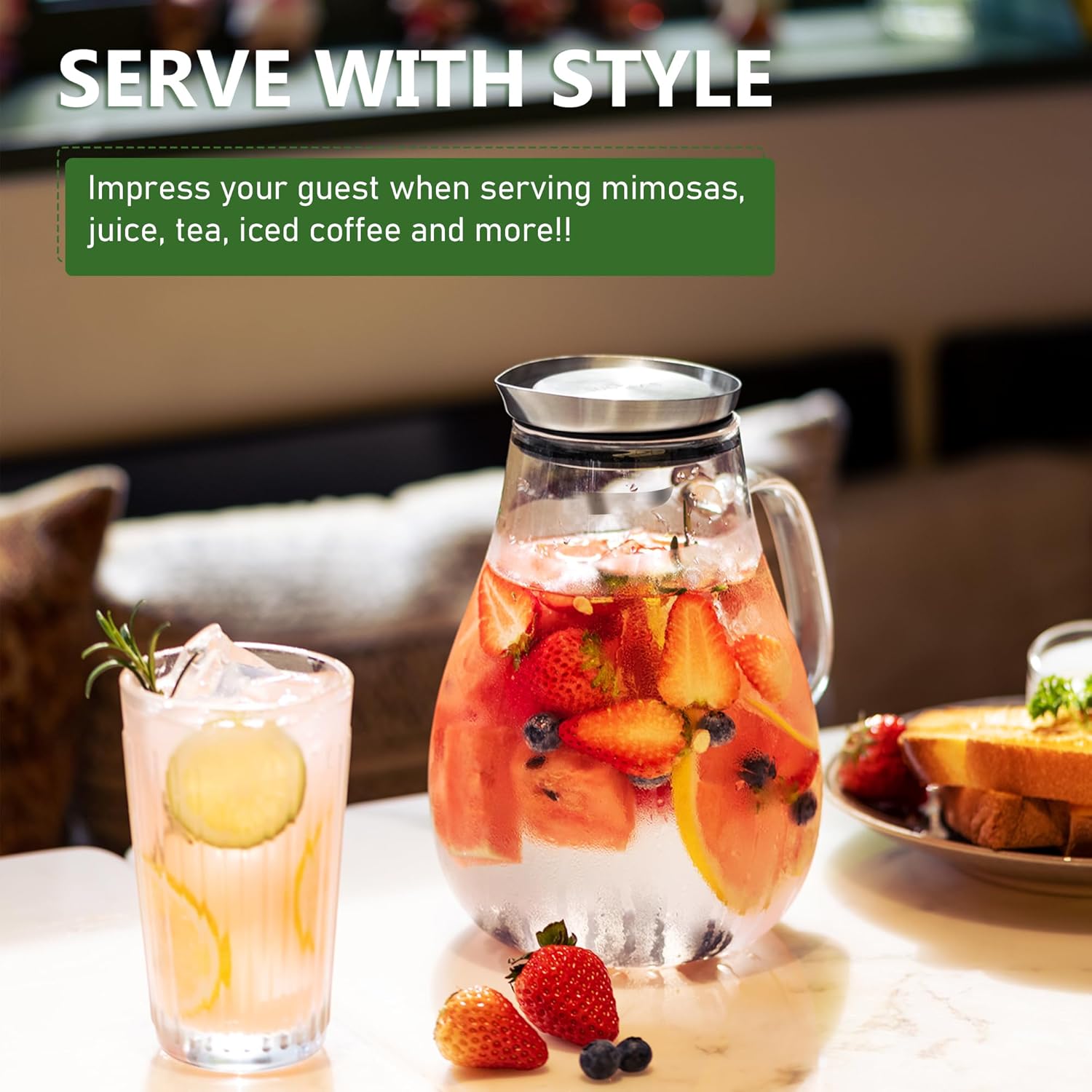 SUSTEAS 2 Liter Glass Pitcher, Water Pitcher with Removable Lid And Wide Handle, Easy Clean Juice Jug for Fridge, Beverage Carafe for Cold/Hot Water, Iced Tea, 1 Long-Handled Brush Included - Image 6