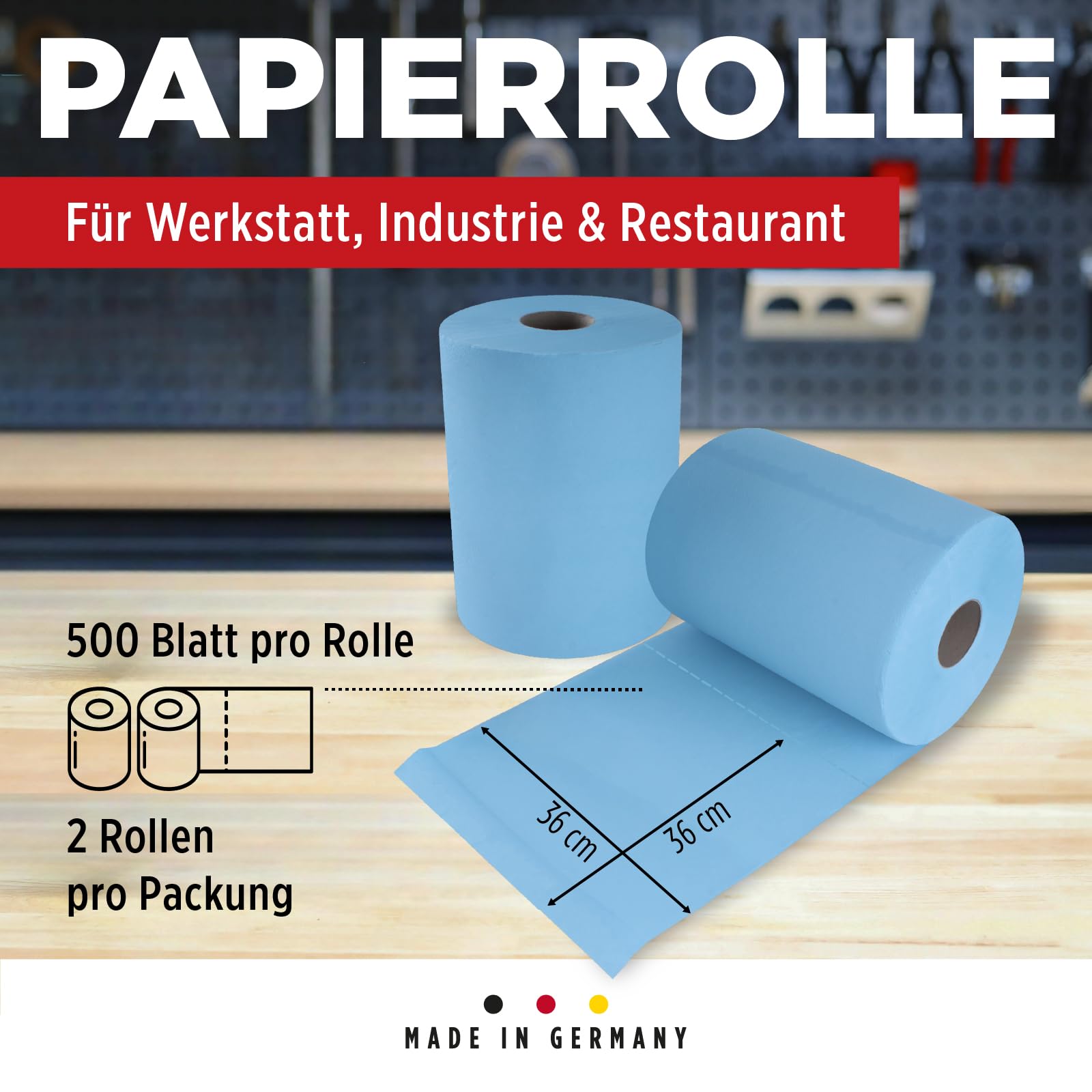TECPO Rotolo di carta da 3000 fogli, 36 x 36 cm, perforato a 3 strati, rotolo di panno riciclato blu, per pulizia assorbente, adatto per industria, officina, ristorante e commerciale (6 x 500 fogli)