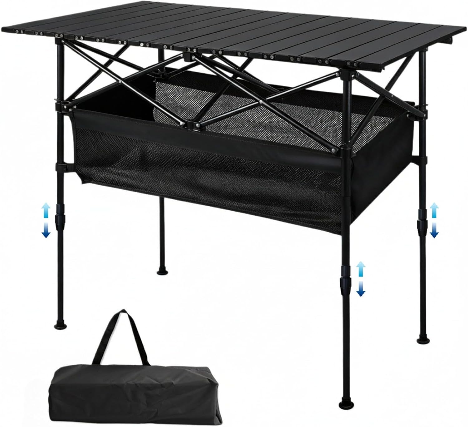 Portable Folding Camping Table with Adjustable Legs - 4 Height Settings, Upgraded Stable Outdoor Table, Compact Fold for Car Trunk Storage, Camp, Beach, BBQ Grill (Black,47*22*20-33in)