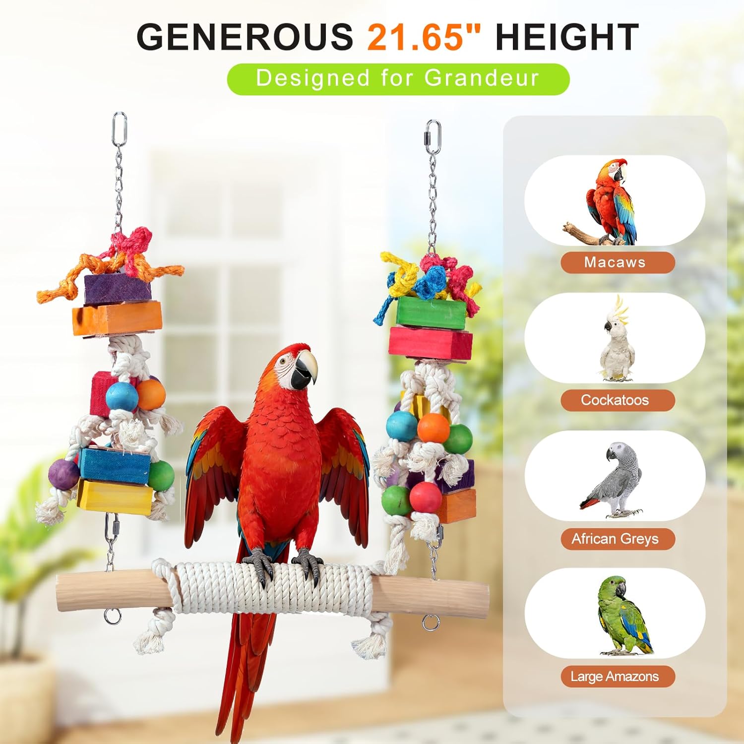 4lb Heavy Duty Bird Toys for Large Parrots - 21.6" Giant Refillable Parrot Toy Swing for Macaws & Cockatoos, Large Natural Wooden Block Chew & Shredding Toy,Beak Health