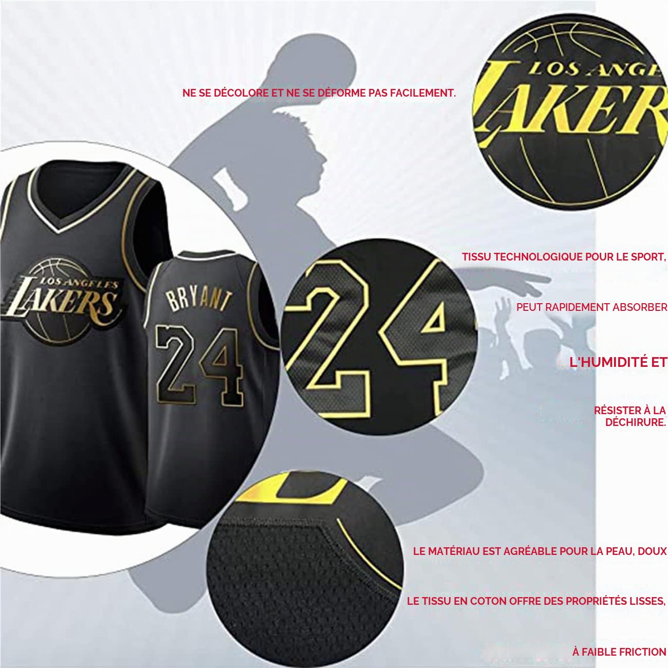 # 24 Maillot de basket-ball noir et doré, gilet de sport unisexe sans manches.