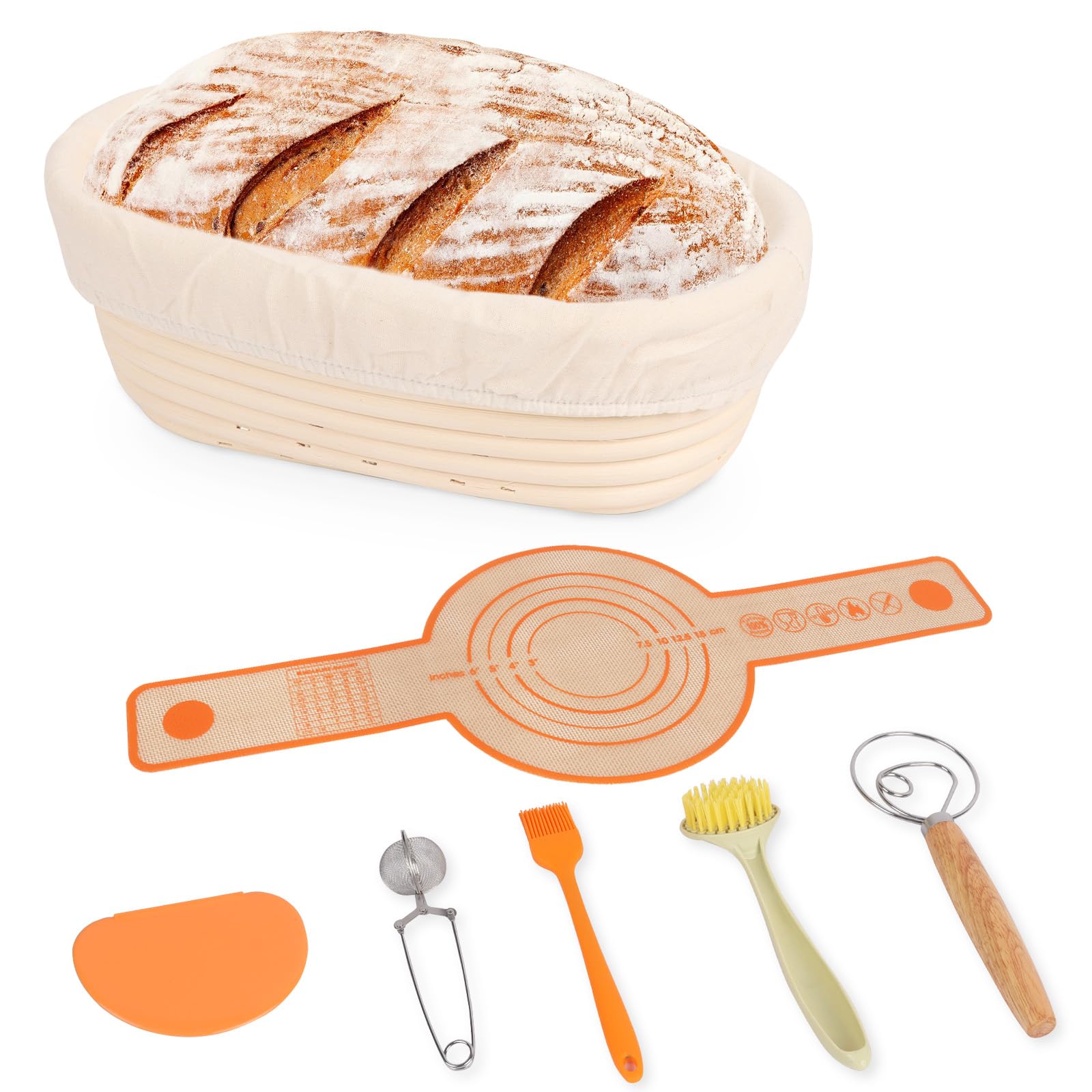 Bread Proofing Baskets, 10inch Sourdough Oval Proofing Basket, Proofing Bowls with Liners for Bread Making for Professional and Home Bakers (1PCS+6KIT)