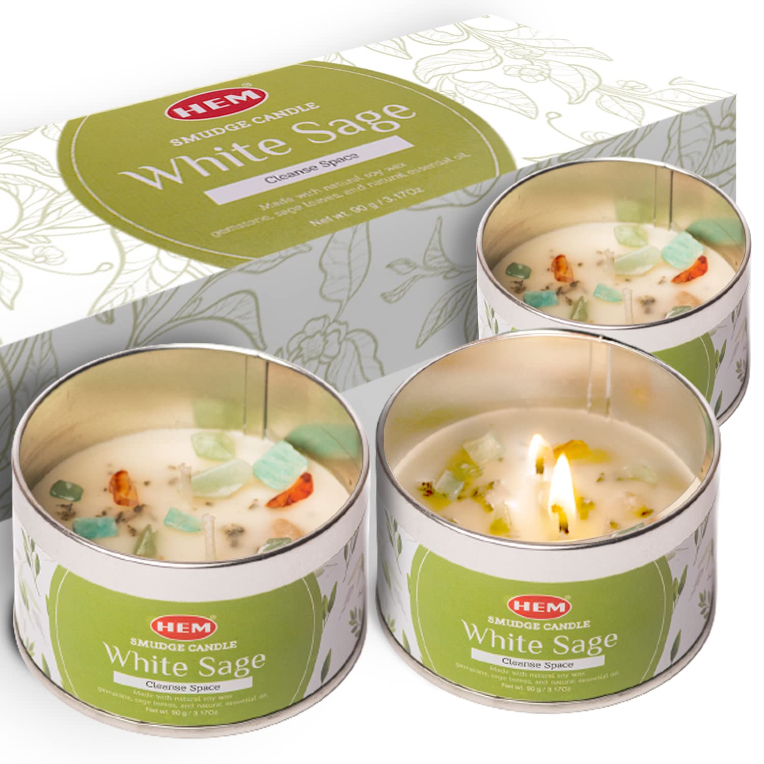 Sage Candles for Cleansing House - 9.5 Oz Natural Soy Candles with Crystals Inside & Sage Leaves | Earthy White Sage Candle for Smudging | Long Lasting 65 hrs Clean Burn, Perfect Spiritual Gift