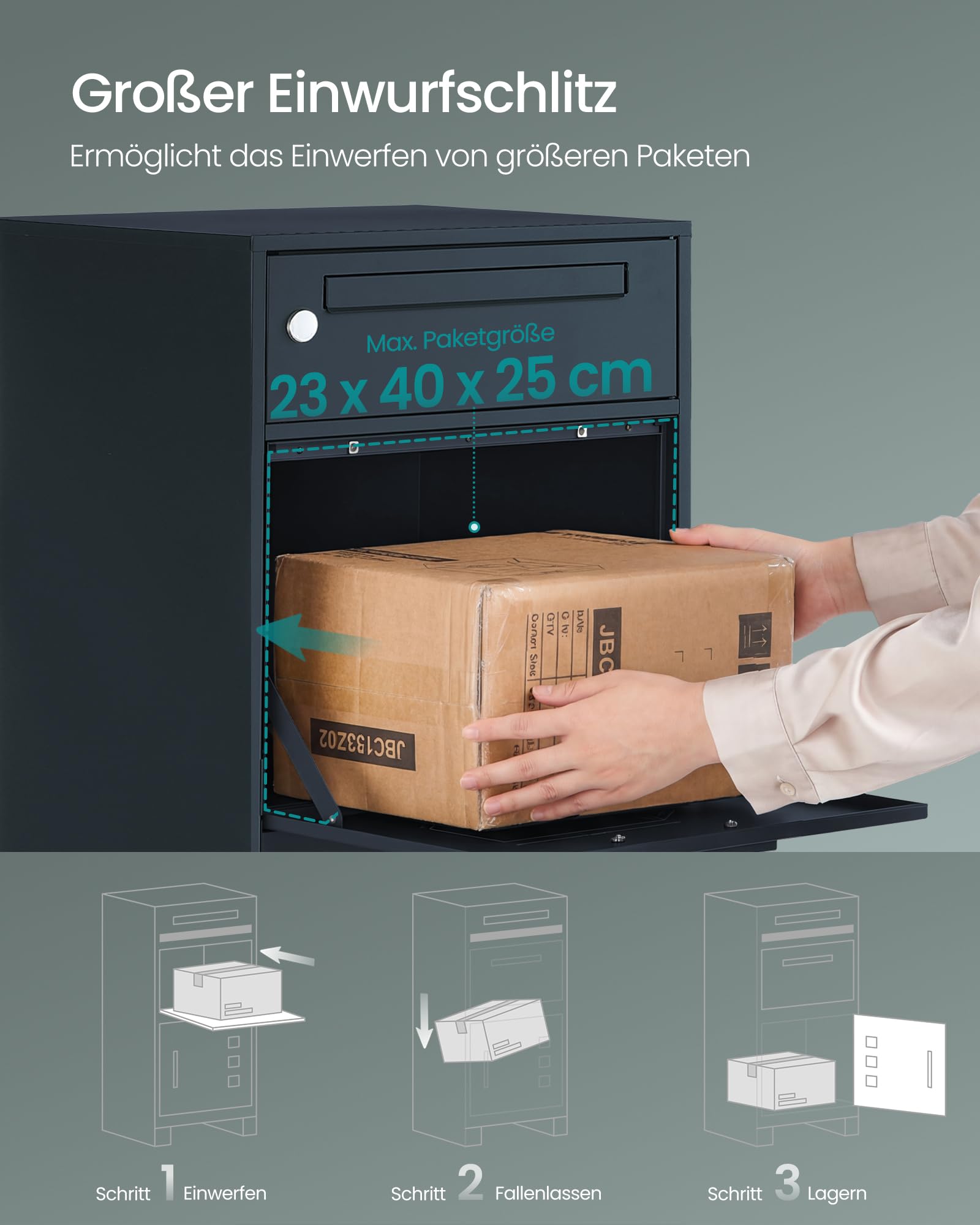 SONGMICS Paketbox, Paketbriefkasten, Briefkasten mit Paketfach, Paketkasten XXL, für Briefe, Pakete, Schloss mit Abdeckung, 2 Schlüssel, Stahl, anthrazit GMB091GZ01