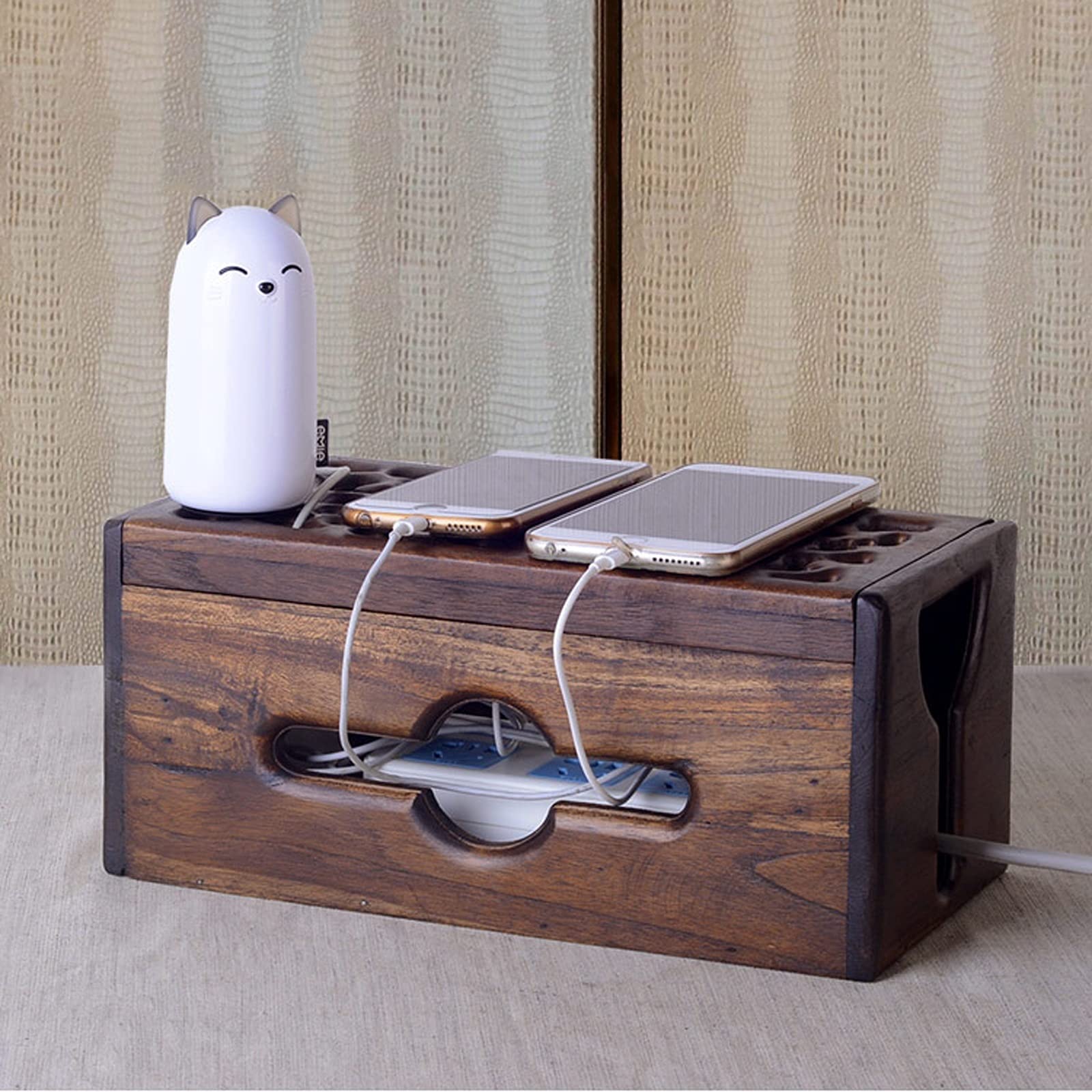 ordenador de cables, Caja de almacenamiento enchufe alimentación Cable grabado a mano madera con tapa abatible, grande for el hogar