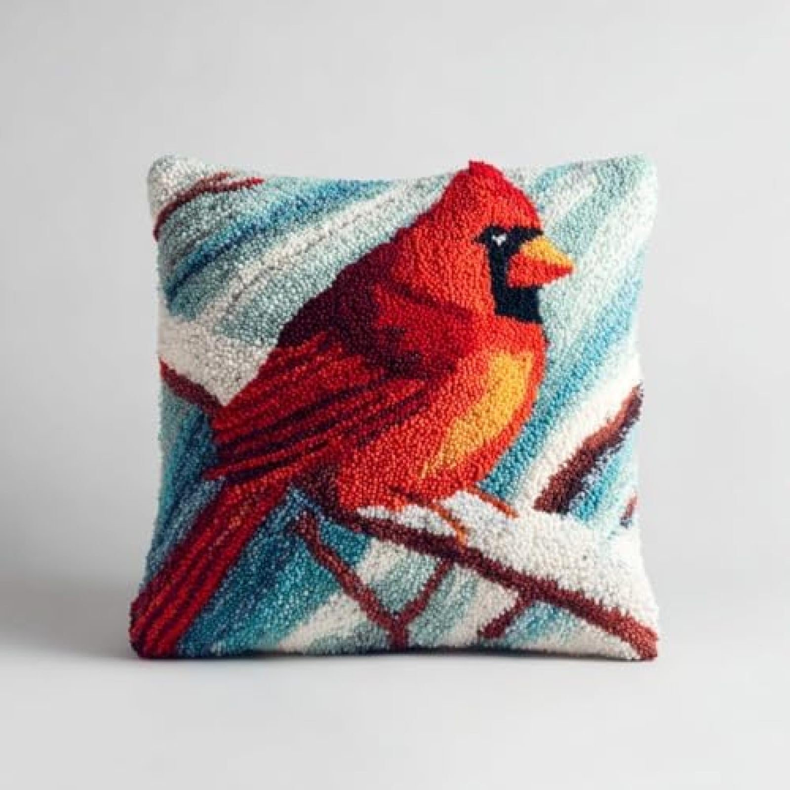 kitphoenix Adults DIY Cushion Cover Craft Kit,Cardinal Upright in Snow,Latch Hook Embroidery Set with Pre-Printed Canvas,Pre-Cut Yarn and Hook,43x43 cm Pillow Cover