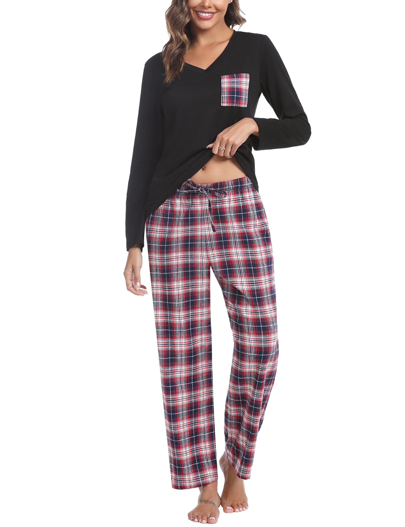 iClosam Schlafanzug Damen Lang Pyjama Set Winter Baumwolle V-Ausschnitt Zweiteiliger Nachtwäsche Langarm Sleepwear und Karierte Pyjamahose Loungewear Freizeitanzug