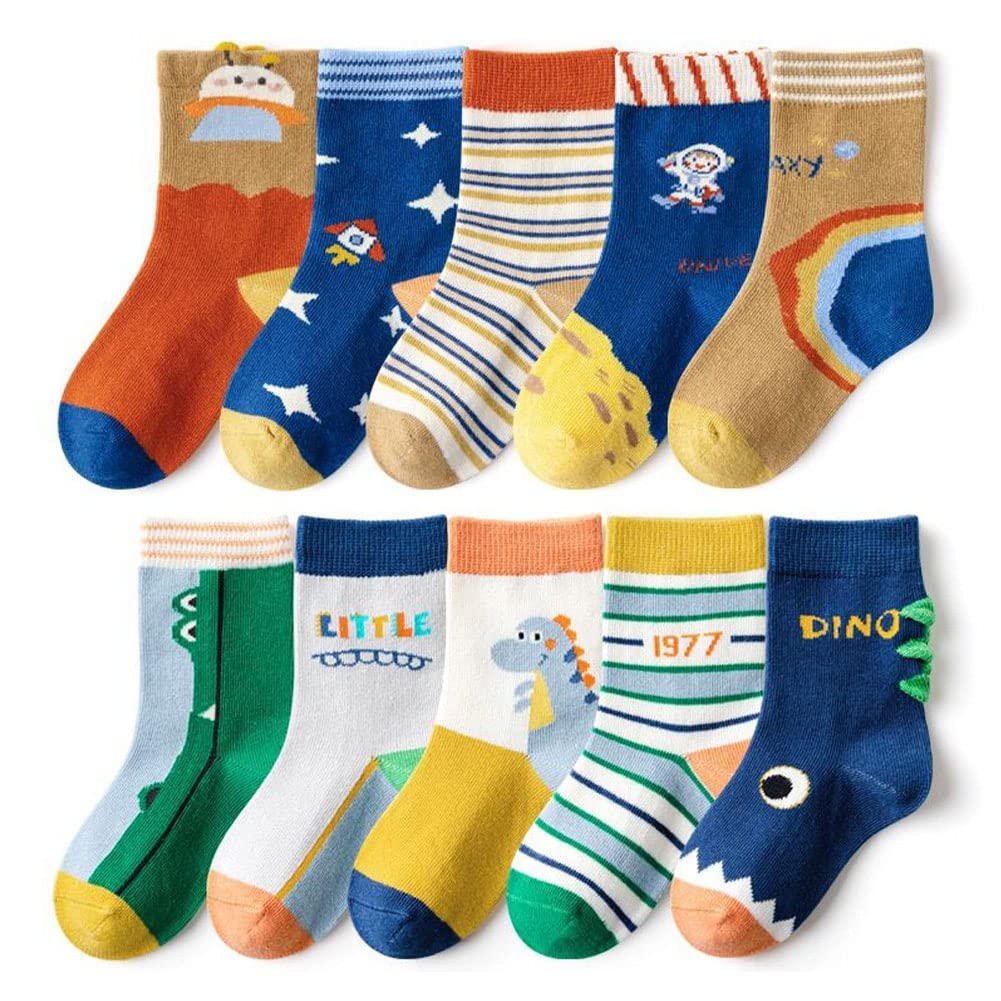FedMois 10er Pack Kinder Socken Jungen Mädchen Strümpfe Baumwolle, Astronaut und Dinosaurier, Gr. 19-22