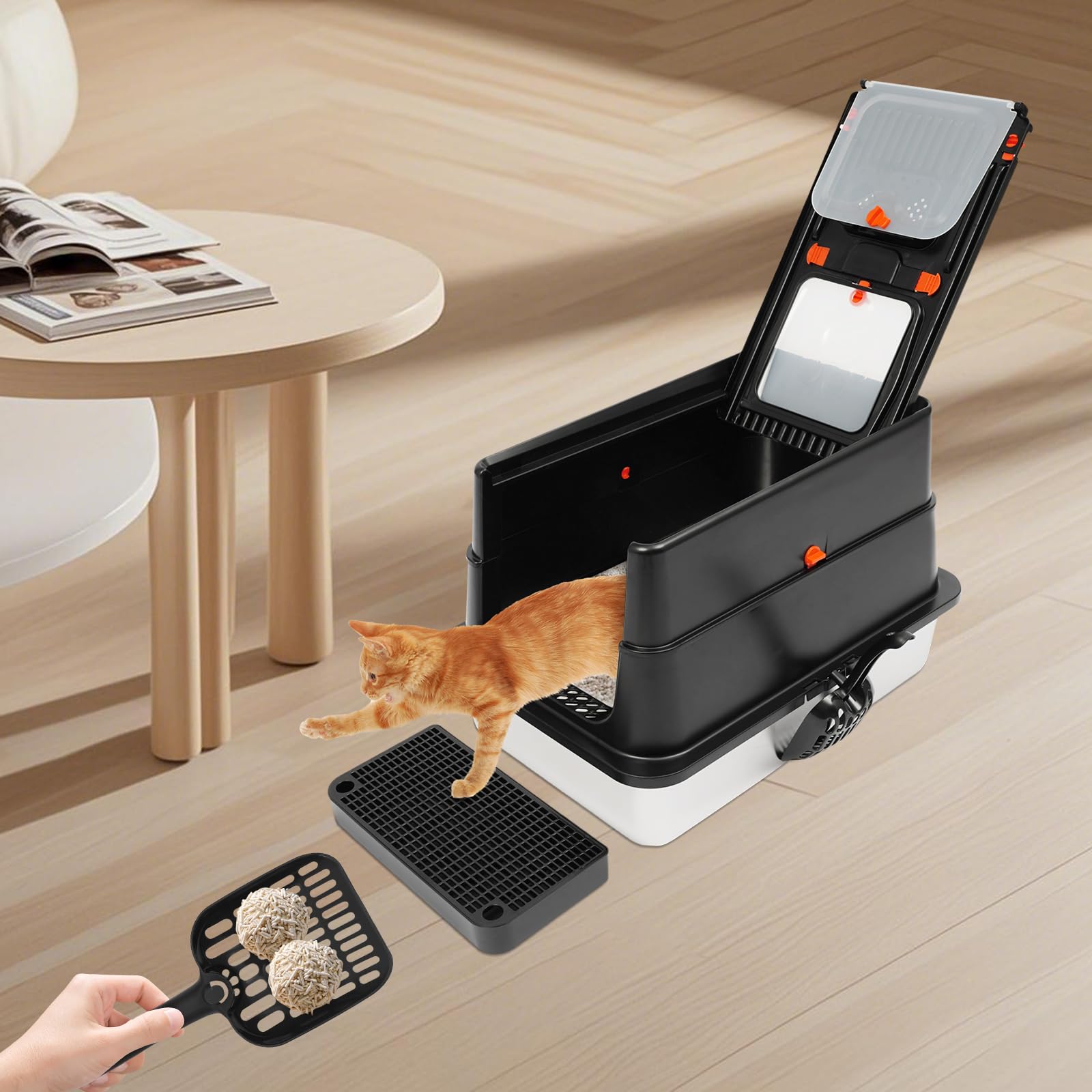 Caja de arena cerrada de acero inoxidable con tapa, caja de arena para gatos con pala, pedal de basura y almohadillas de agarre con apertura en forma de U, adecuado para gatos de hasta 15 kg (negro)