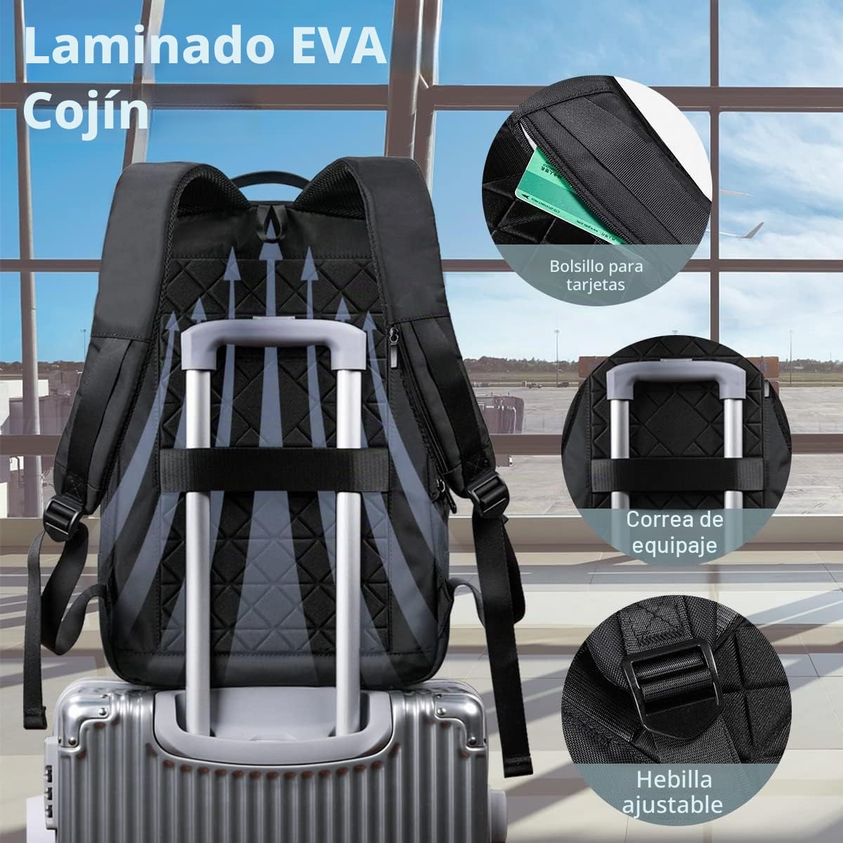 Mochila Expandible para Laptop 15.6'' con Puerto USB, Impermeable, Ligera y Antirrobo, de 18 a 25 L, Ideal para Oficina, Viajes y Escuela, para Hombres y Mujeres - Negro