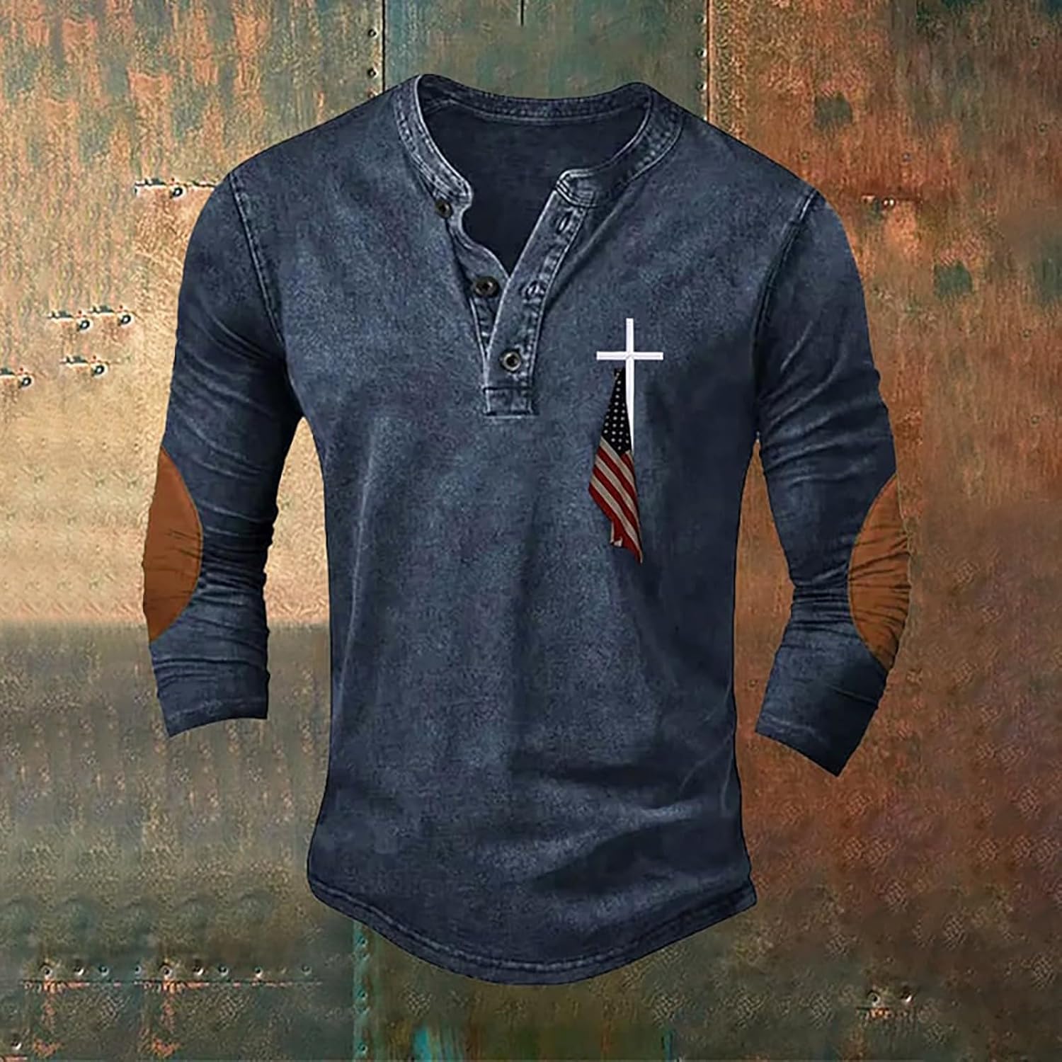 Christian Shirts for Men Jesus Faith Cross American Flag Graphic Henley Shirt Religous Long Sleeve Pullover Tops - Image 2