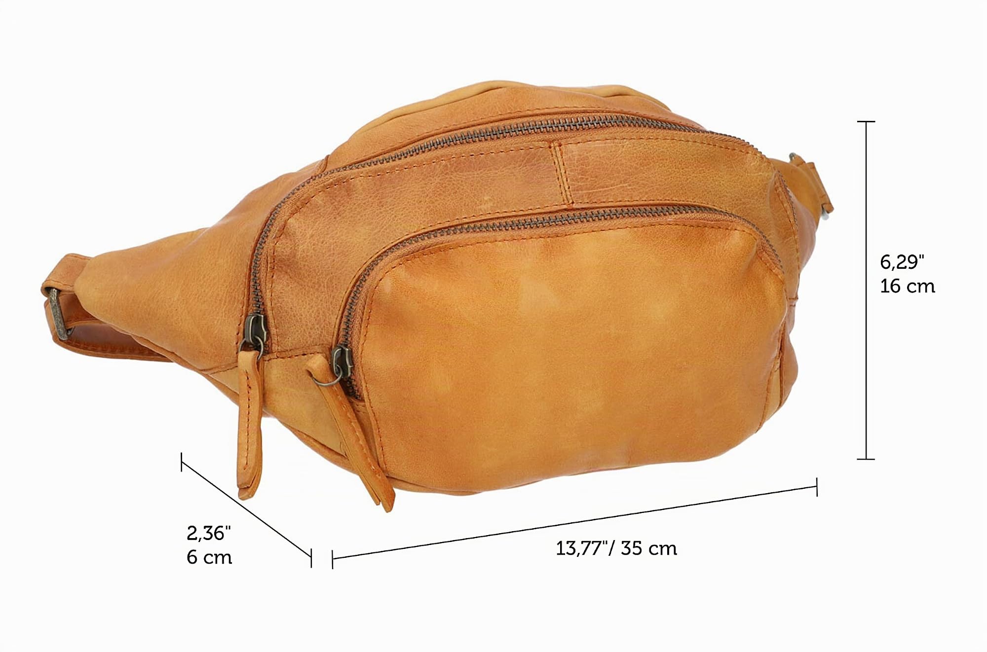Gusti Sverre - Riñonera de piel, estilo vintage, para hombre y mujer, práctica riñonera con 3 compartimentos y cremalleras, coñac, Einheitsgröße, Retro