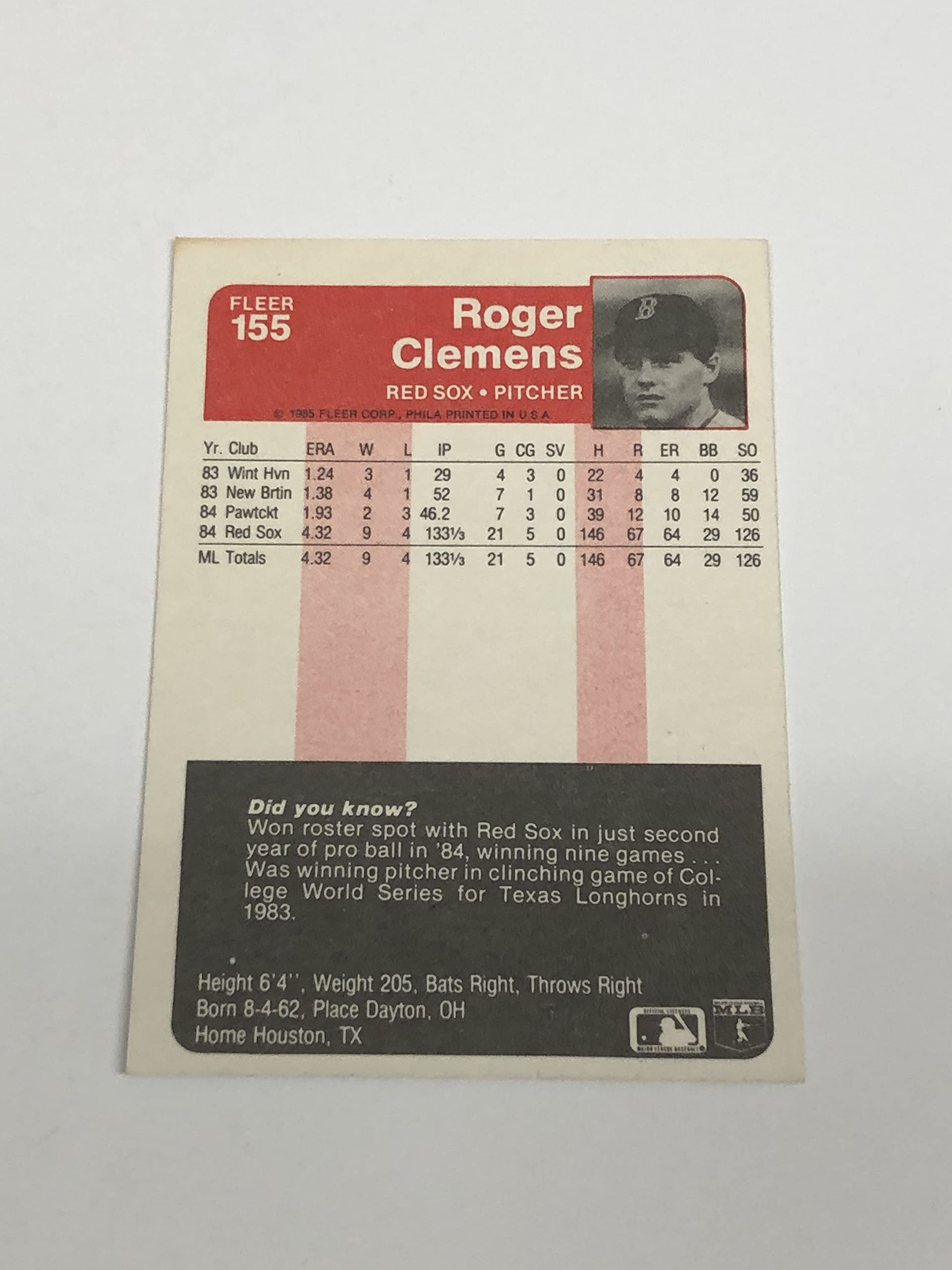 Amazon.com: 1985 Fleer Baseball #155 Roger Clemens Rookie Card 