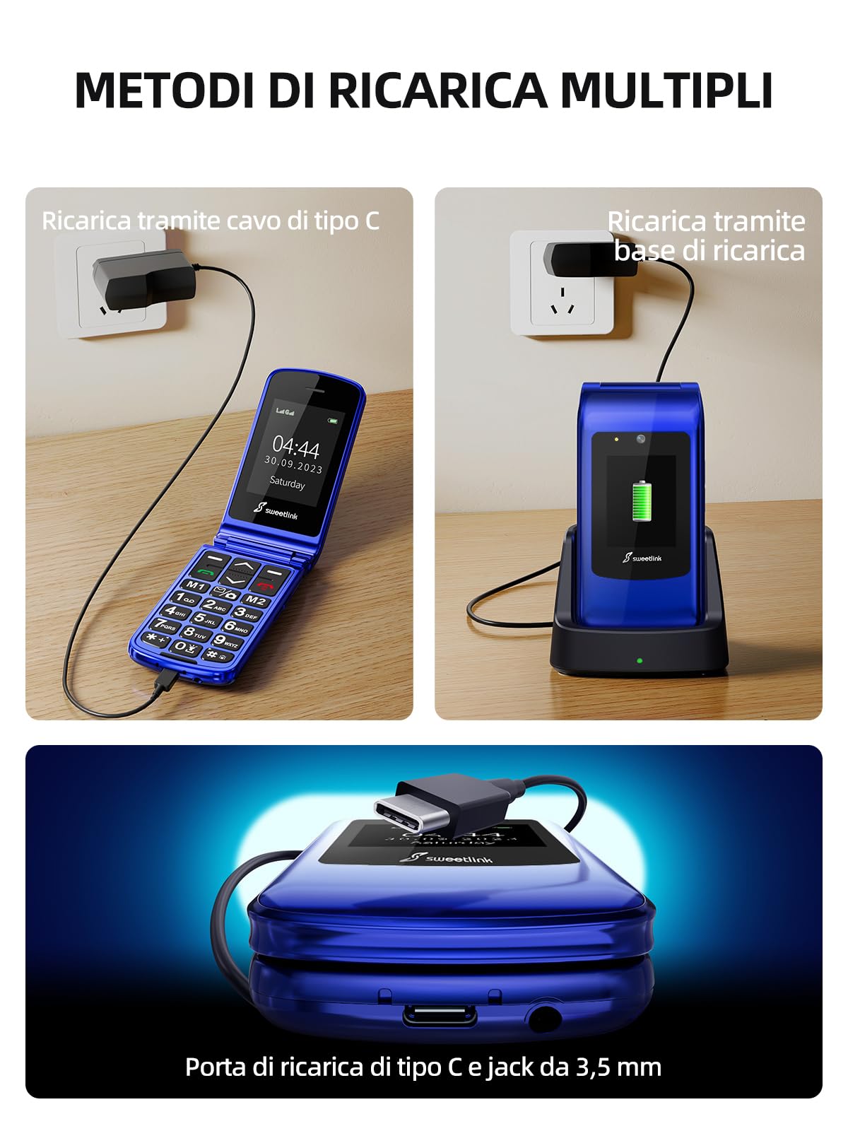 SweetLink F2 Plus Telefono Cellulare per Anziani, Flip Cellulare Anziani con Tasti Grandi, Contatti con Immagini, Base di Ricarica, Volume Alto, Funzione SOS, Doppia SIM,Pantalla 2.4", Blu