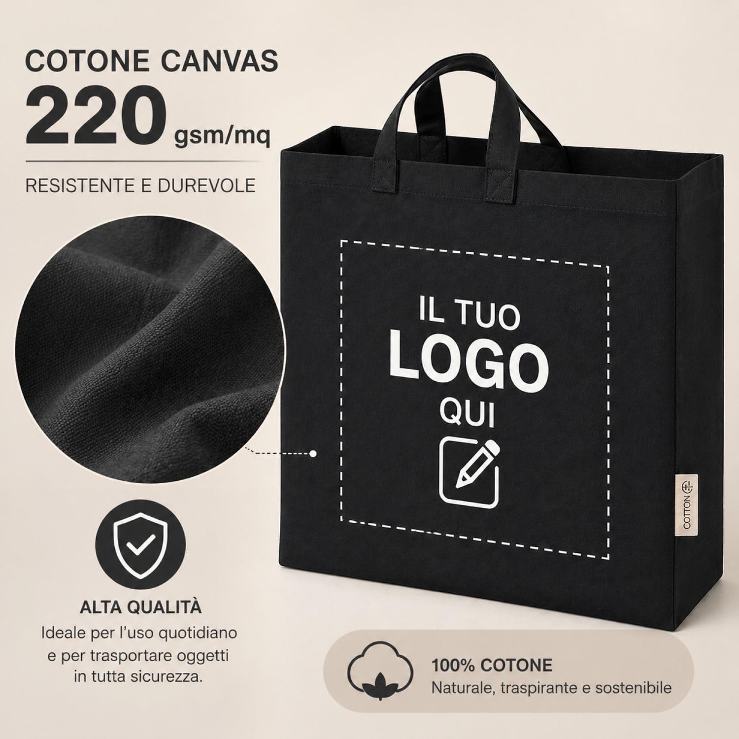 VENEZIANO Shopper personalizzata Canvas 220gsm 40x35x12 cm con Soffietto e Manici Lunghi – Shopper Resistente Riutilizzabile – Personalizzabile per Stampa, Gadget e Uso Quotidiano
