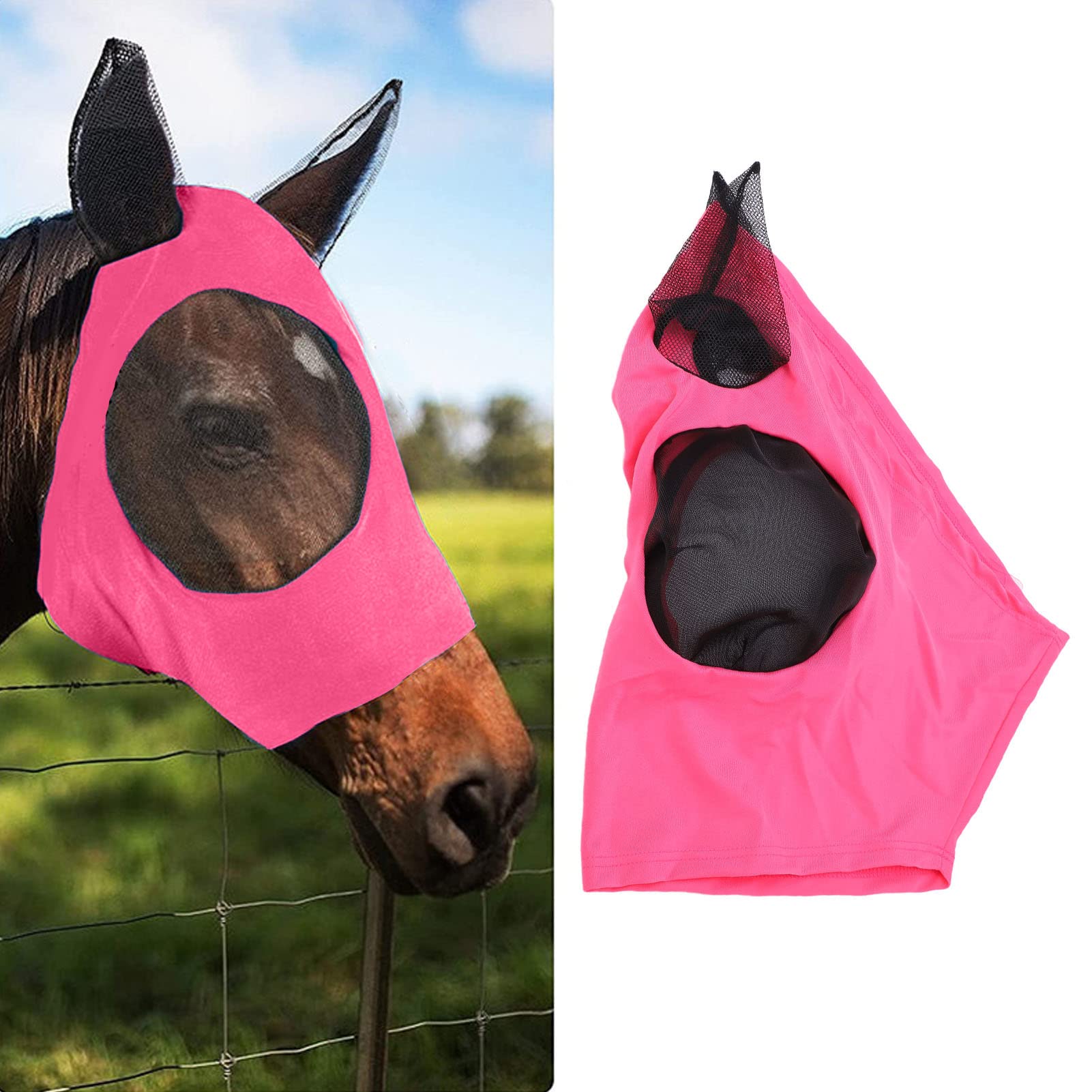 VGEBY Horse Face Mask, Additional Fine Mesh Horse Face Mask Comfortable Horse Face Mask with Soft Knitted Fabric for Ear and Eye (Pink)