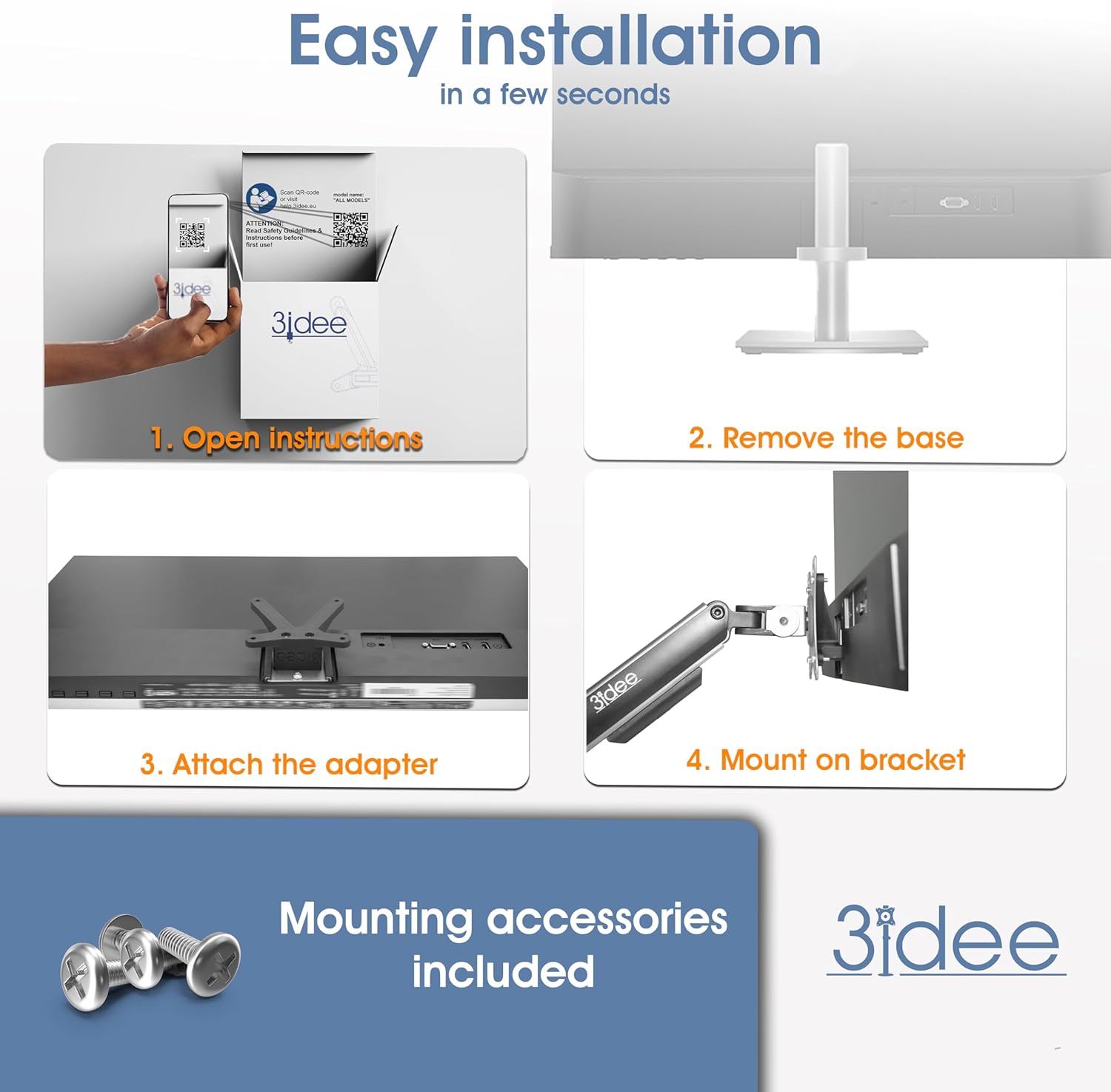 3IDEE VESA Mount Bracket for HP Monitor (M24h, M27h, 524sh, 527sh) - 75x75 - Easy Installation, Robust & Stable