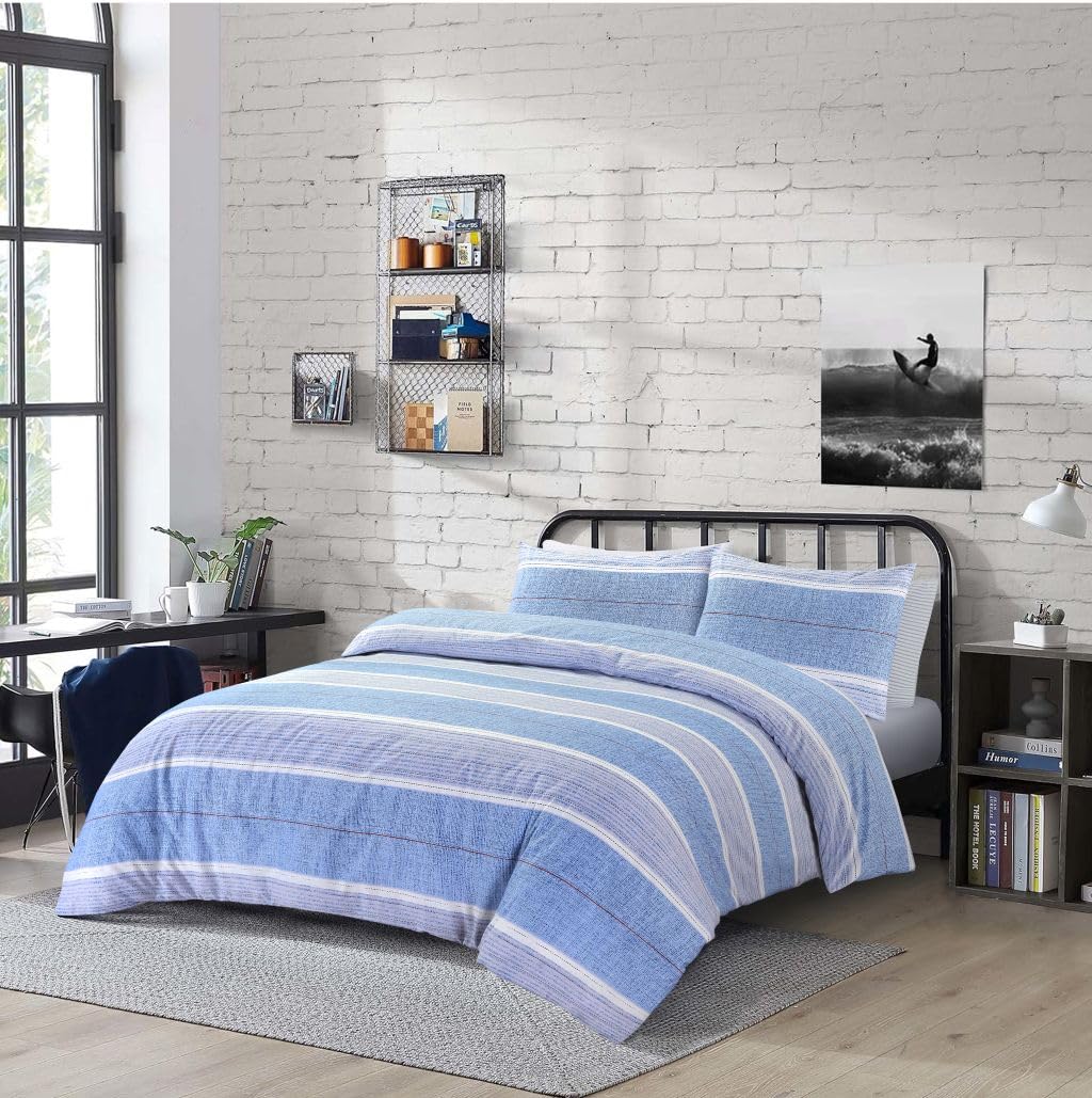 Artistic Fashionista Limited Polycotton Duvet Cover Set – FINN Blue Reversible Striped Bedding with Pillowcases, Soft Easy Care Quilt Cover, Durable & Breathable (Double)