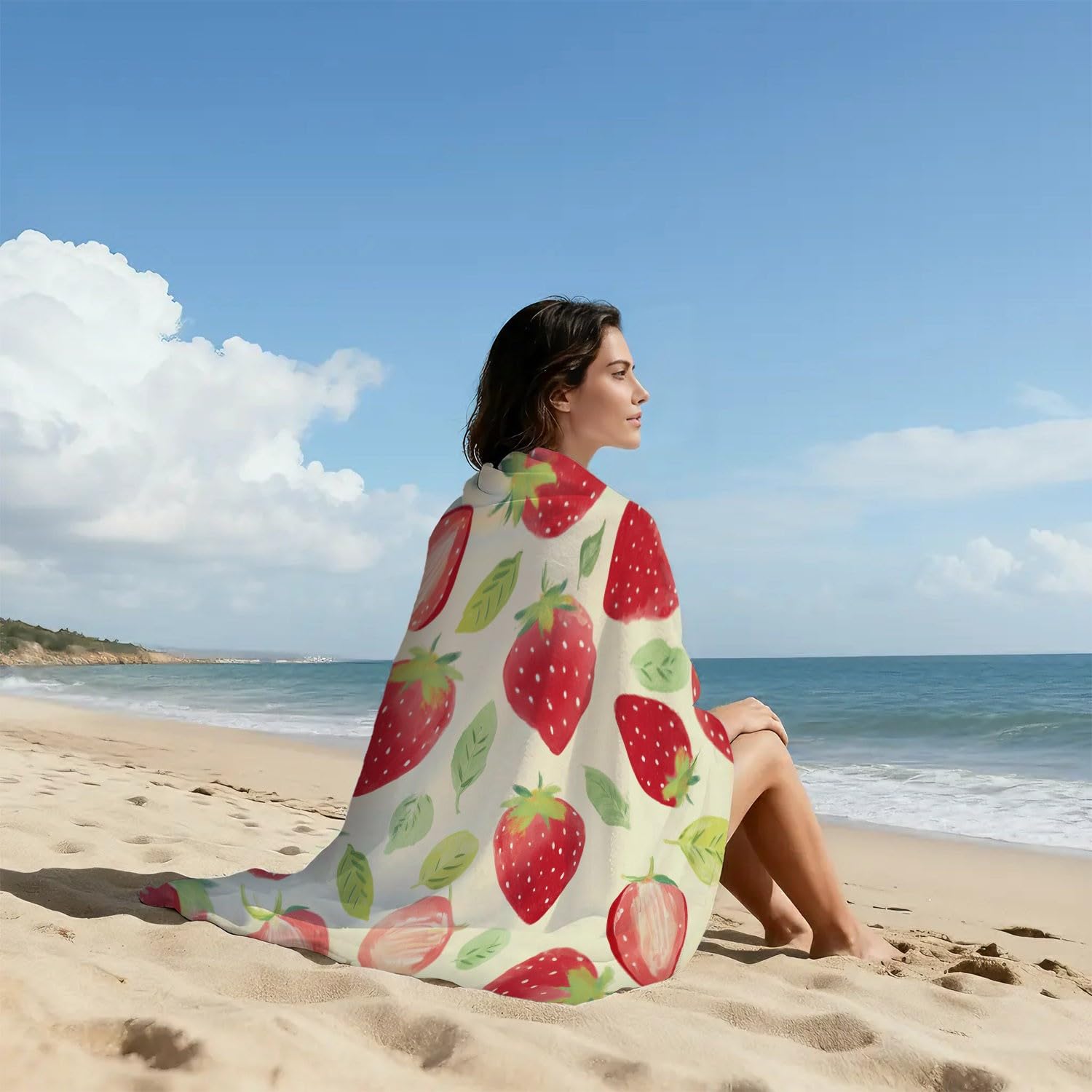 Générique Serviette de Plage Microfibre 200 x 100 CM,Drap de Plage Rustique, Campagne, Dessiné à la Main, Couverture de Plage Absorbante,Couverture de Bain Fraise Rouge
