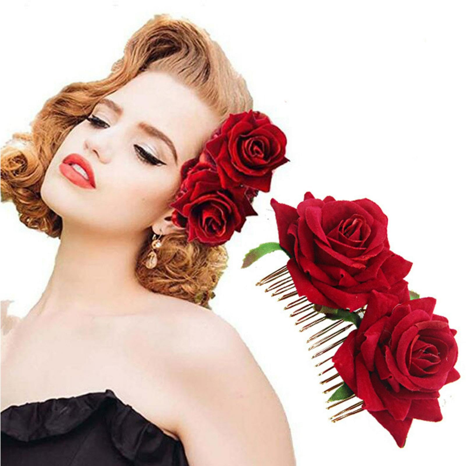 XiaokeisWedding Rose Flower Hair Comb, Faux Velvet Red Rose Bridal Hair Clip, Floral Hair Accessory for Women and Girls