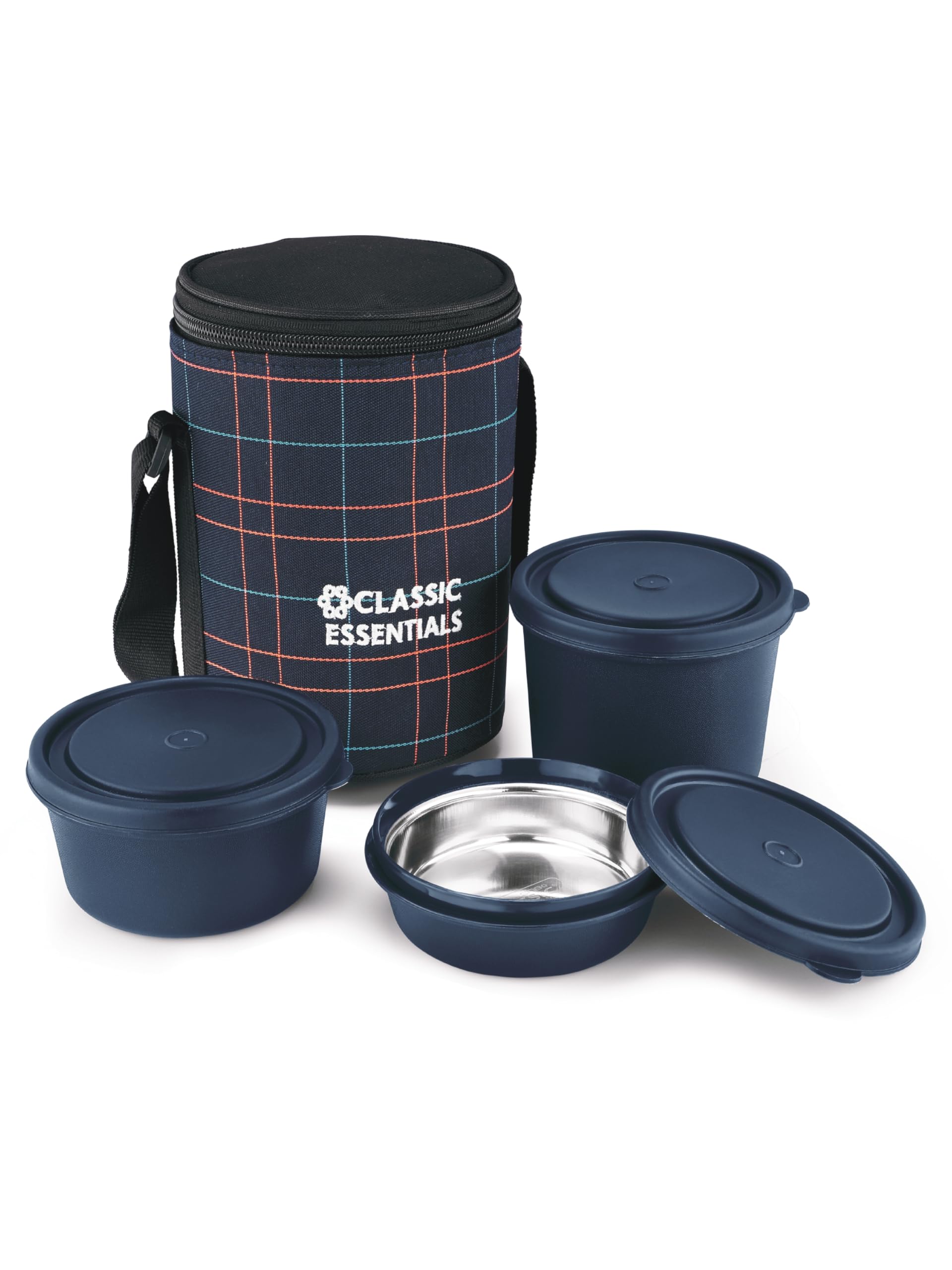 Sponsored Ad - CLASSIC ESSENTIALS Lunch Box, Microwave Safe & Leak Proof, 3 Inside Steel Containers with BPA Free Lids (250ml, 400ml & 600ml), Insulated Fabric Bag (Blue)