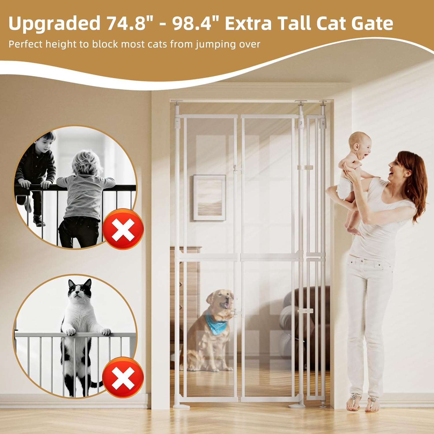 YUFU 75"-98" Extra Tall Cat Gate, Clear Width Adjustable Dog Gate for Doorways, Stairs, Hallways, Auto-Close No Drilling Pet Safety Gate Transparent Barrier for Dogs Cats (White)