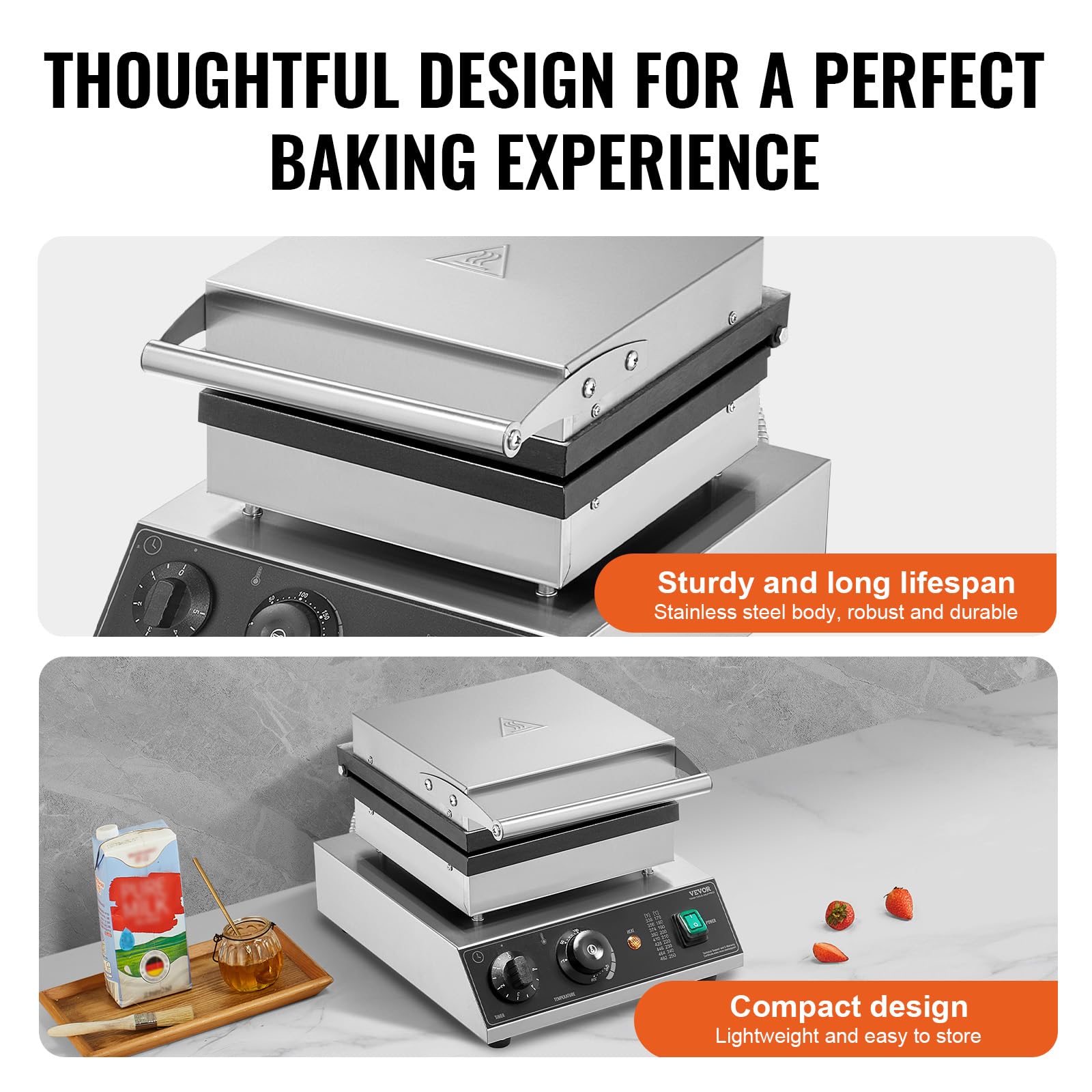 VEVOR Gaufrier Commercial 2000 W, Appareil à Gaufres Belges Rectangulaires Capacité 2PCs, en Acier Inoxydable, Antiadhésif, avec Contrôle de la Température et du Temps, Boulangerie, Snack-bar