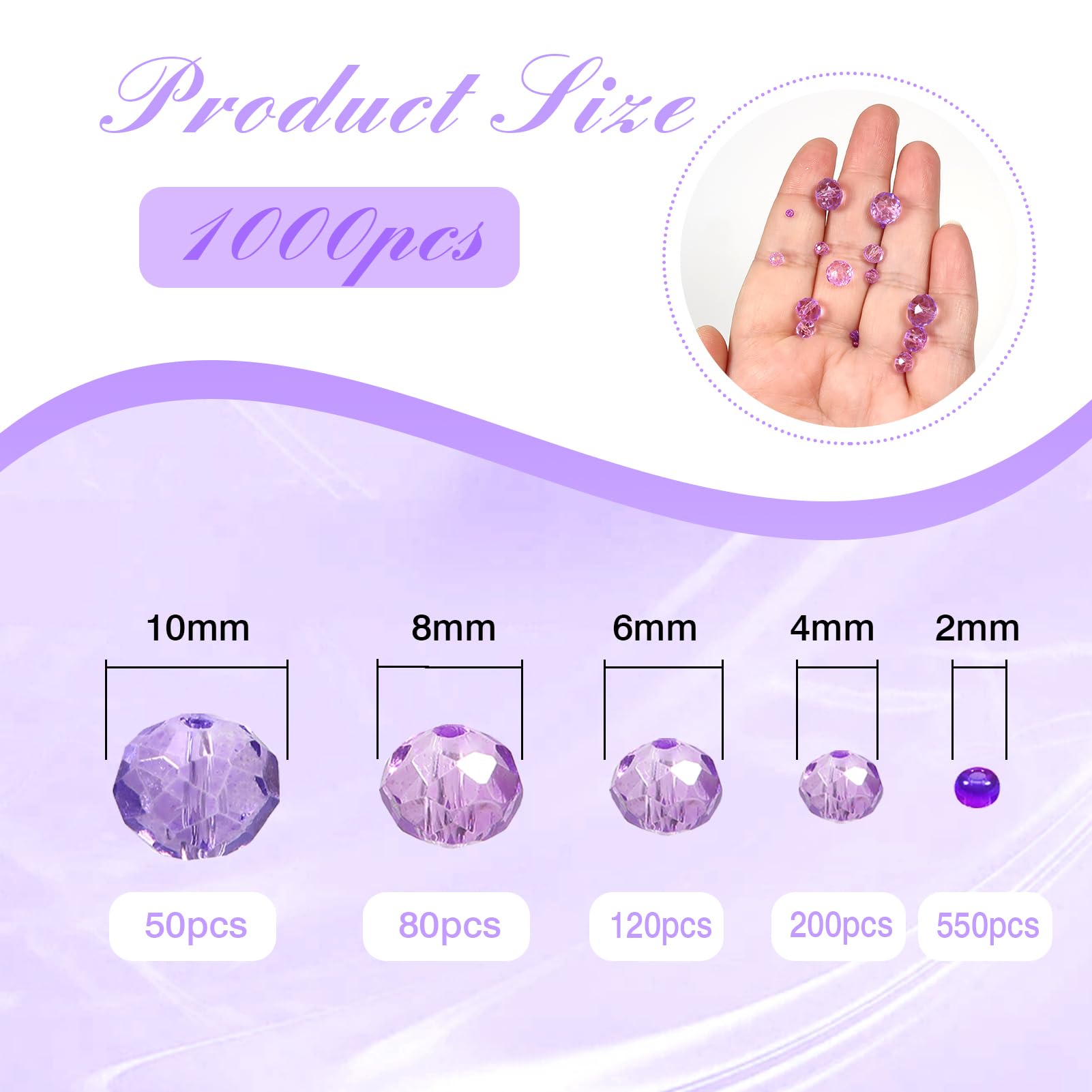 TOAOB 1000pcs Assorted Light Purple Crystal Glass Beads Faceted Spacer Bead 2mm 4mm 6mm 8mm 10mm for Jewelry Making DIY Craft Project - Image 2