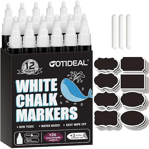 GOTIDEAL White Liquid Chalk Markers, 12 Pack Chalkboard Markers, Chalk Pens for Car Windows, Signs, Blackboard, Glass Painting, Erasable 6mm Reversible Chisel & Bullet Tip-…