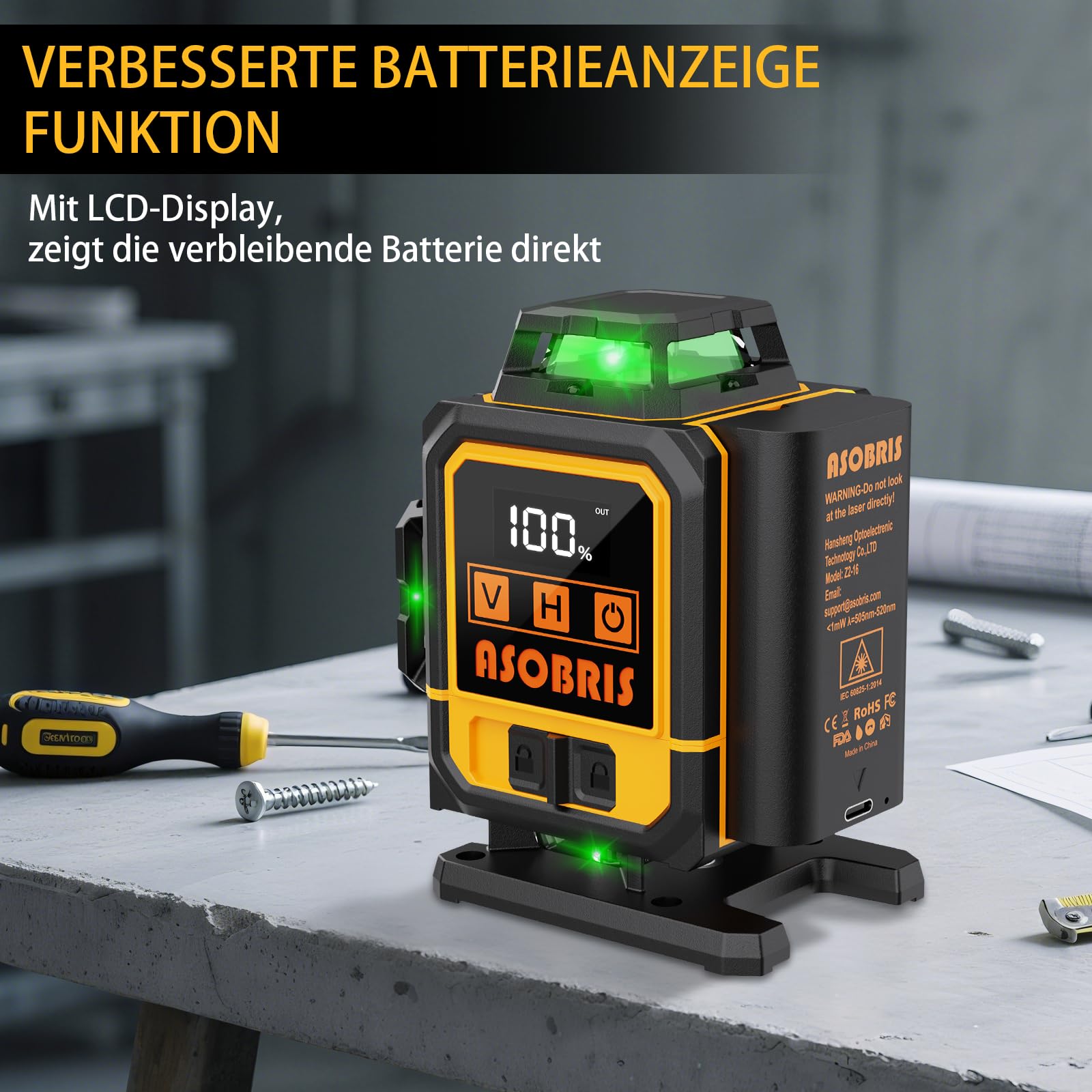 Kreuzlinienlaser mit Stativ,ASOBRIS 16 Linienlaser Selbstnivellierend Laser Wasserwaage mit 2x2400mAh Batterien,Fernbedienung&LED-Anzeige,4x360 Grad Nivellierlaser Laser Level kreuzlaser (Gelb)