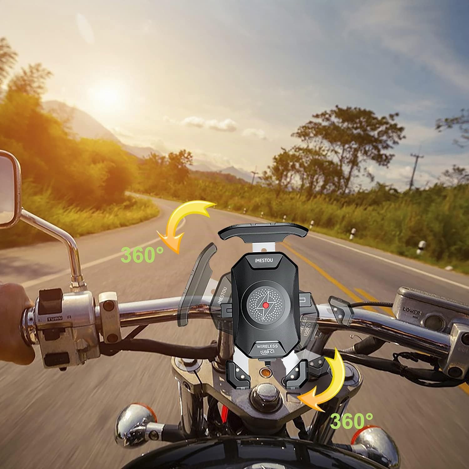 iMESTOU Motociclo Caricatore per Cellulare Senza Fili Qi 15W Caricatore Mobile per Moto USB C 3.0A con Base a Sfera in Alluminio per Manubrio Rotazione a 360° Ricarica Rapida per Cellulari da 4"-7“