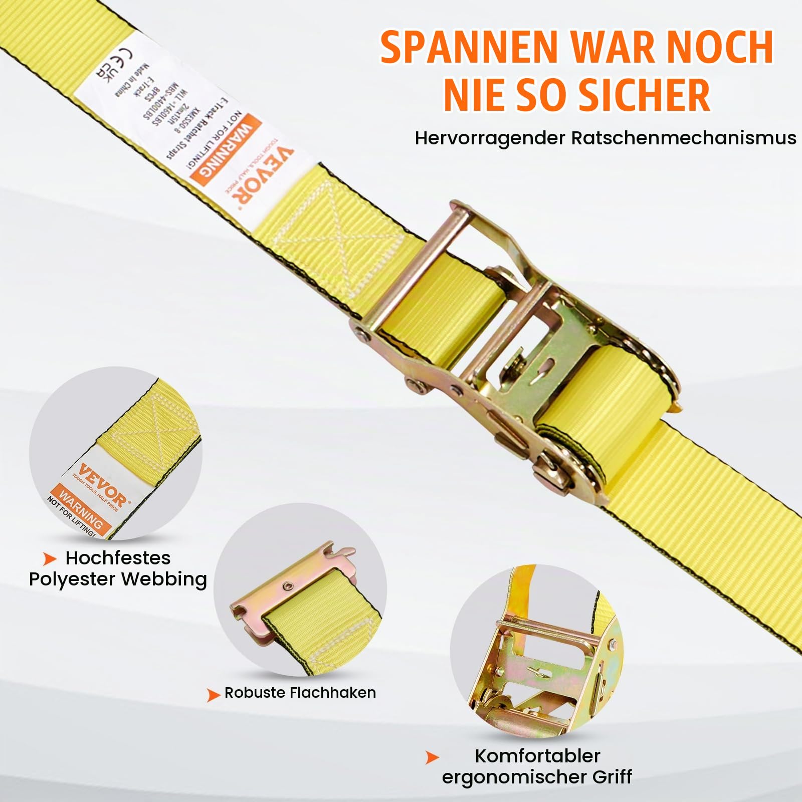 VEVOR 8er-Set Spanngurt 0,05 x 4,6 m Zurrgurt 1995,8 kg Ratschenzurrgurt Polyester-Gurt Kohlenstoffstahl-Haken Befestigungsgurt Ratschenspanngurt Ideal für Motorräder Fahrräder Kajaks UTV Boote ATV