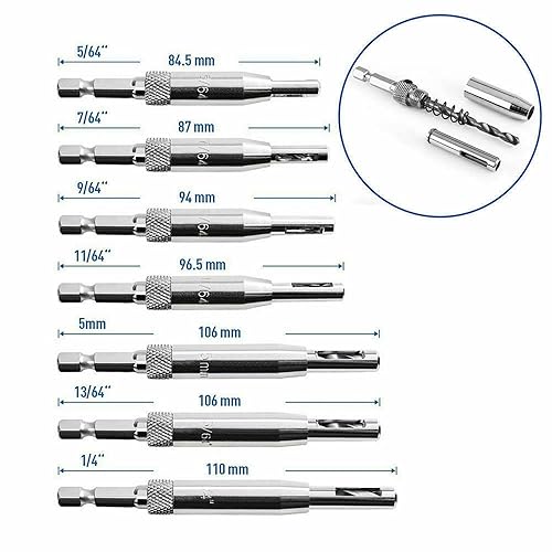 Miniatura 2 de Juego de 7 brocas para bisagra, HSS, autocentrantes, broca centrada de hardware para puerta de madera, agujero piloto de bisagra (564 pulgadas, 764,