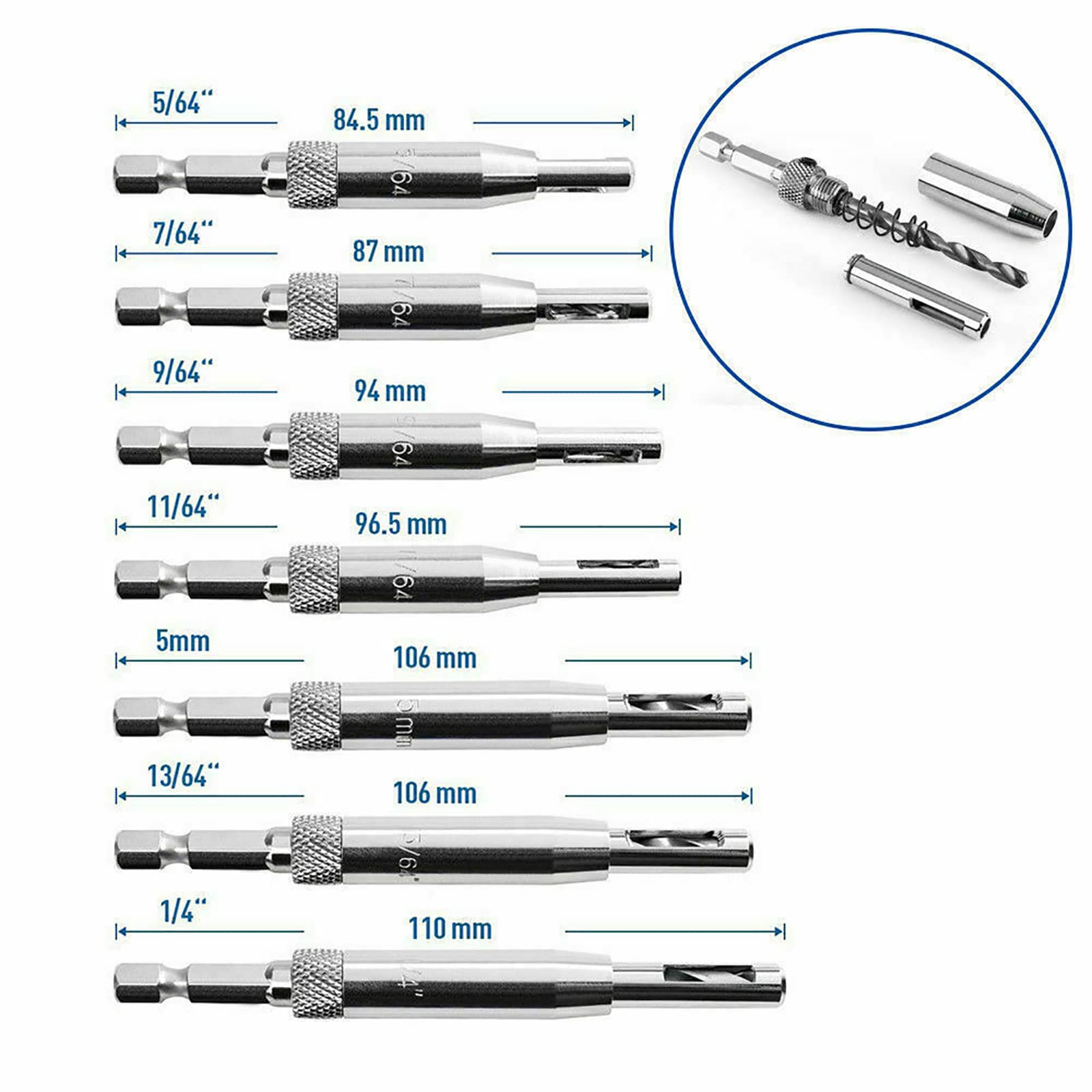 7PCS Hinge Drill Bit Set, HSS Self Centering Drill Bits, Hardware Self-Center Drill Bit for Wood Door Pilot Hole Hinge Drill Bit(5/64