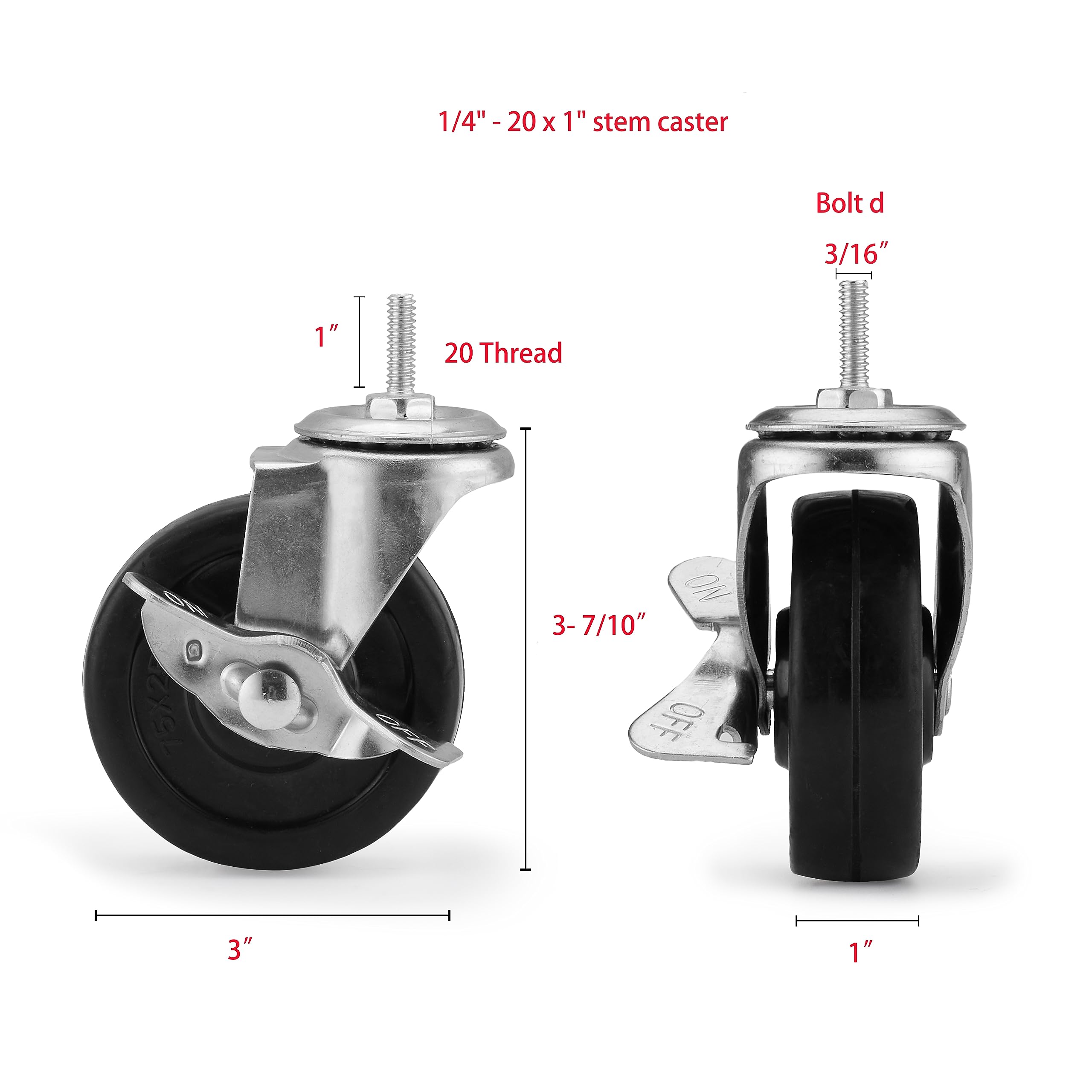 Hlyluoyi Wire Shelving Wheels, 3 inch Caster Wheels Heavy Duty, Casters for Wire Shelving, 1/4"- 20, 5/16", 3/8", M8, M10 All Included Threaded Stem Casters Set of 4 Replacement Wheels.