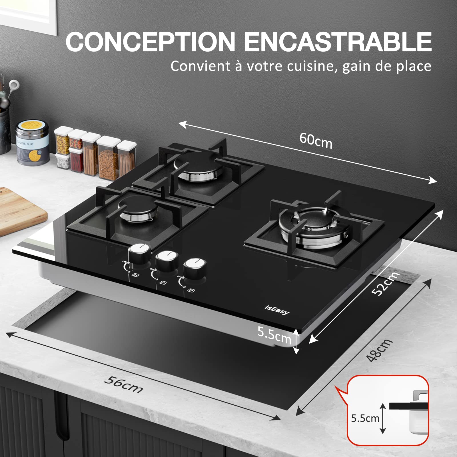 Plaque de Cuisson à Gaz 3 feux, Plaque Gaz 3 Feuxs, Table de Cuisson Encastrable, Gazs ville et bouteille (3 Foyers) - 2