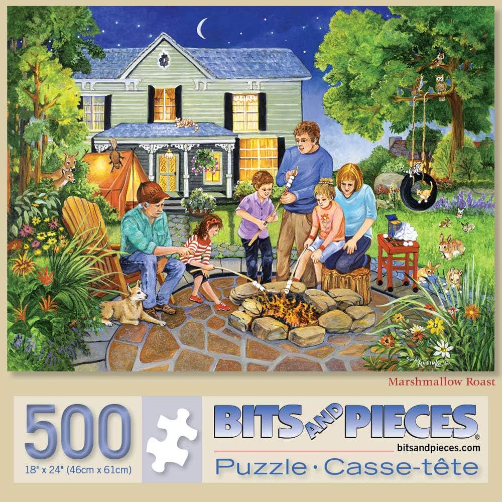 Bits and Pieces - 500 Piece Jigsaw Puzzle for Adults 18" X 24" - Marshmallow Roast - 500 pc Family Fire Pit, Backyard Fire, Smores Jigsaw by Artist Sandy Rusinko