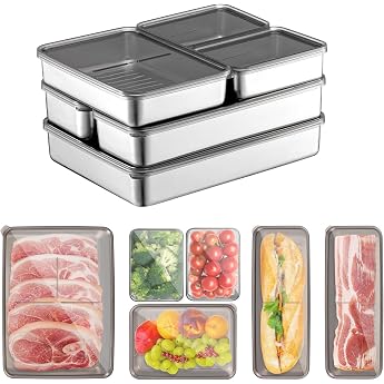 Kongming Cold Food Boxes for Fridge Stackable Cold Food Containers Storage Jars with Lid Airtight for Storing Cheese Meat Sausage Fruit Stainless Steel Set of 6