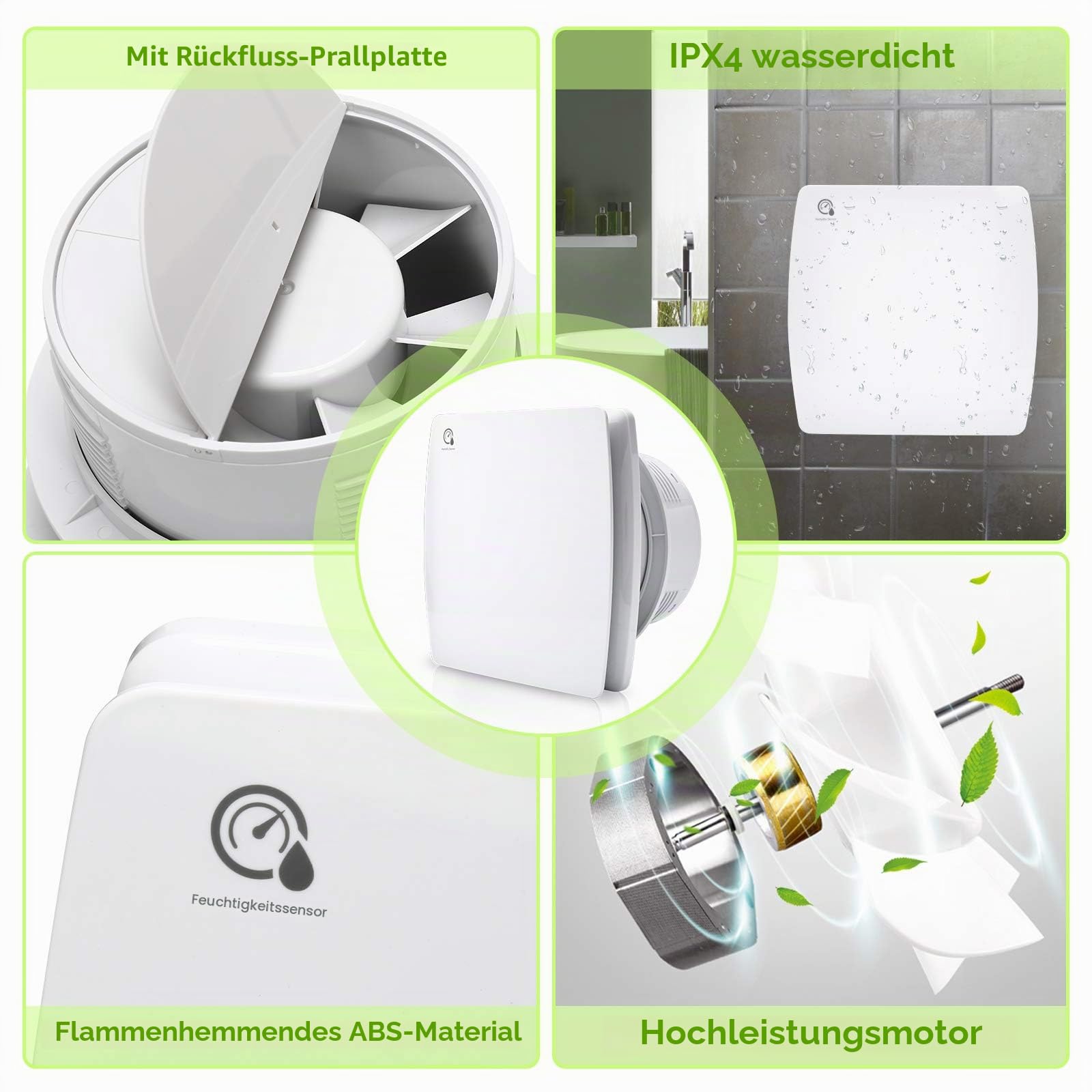 Randaco Badlüfter 150mm mit Feuchtigkeitssensor und Rückstauklappe timer｜Bad Lüfter Abluftventilator Decken und Wandmontage｜Leiser Betrieb｜Badezimmerlüfter für Küche, Bad und Keller｜Weiß